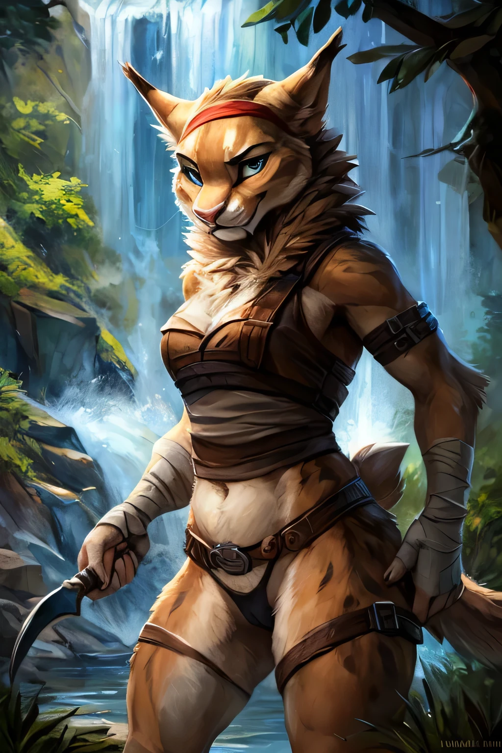 jade the bobcat, (slim, fit, abs), (female lynx):1.3, (anthro, cat ears, red headband, pink nose, (detailed clear aqua eyes), fangs, beige brown hair, fringe, ponytail, light tan body, strap around biceps, neck fur tuft, ((brown breast belt with buckle)), ((white and red crop top)), brown weave belt, (black thong, red pattern:1.2), white bandaged hands, white bandaged arms, ((thigh knife strap))):1.3, (kemono:1.4) bandaged ankles, ((portrait)), BREAK, standing seductively, dynamic pose, camel toe, (bobcat tail), (detailed Bonifasko lighting), (fluffy fur), (detailed fur), (detailed skin), camel toe, (smirk:1.1), BREAK, masturbation, cinematic lighting, ((detailed forest background, waterfall, hills, tree)), wide angle view, (half body shadow:1.3) [backlighting], [[crepuscular ray]], [detailed ambient light], [gray natural lighting], [ambient light on the belly], (higher wildlife feral detail), outdoors, ocean view and beach,BREAK, [realistic proportions], [explict content], [sharp focus], (questionable content), (shaded), ((masterpiece)), detailed background, photo-realistic, realistic hands, 8k HD, (dark shadows, wide dynamic range, hdr, low light:1.2), , (by Kenket) , ( by Pixelsketcher), (by Bayard Wu), (by Einshelm)