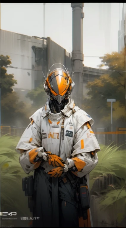 astronaut robot, Orange and white metallic helmet and cyberpunk look.., full vertical. floor length coat.Mecha.body.dark, dystopian aesthetics,Techwear clothing