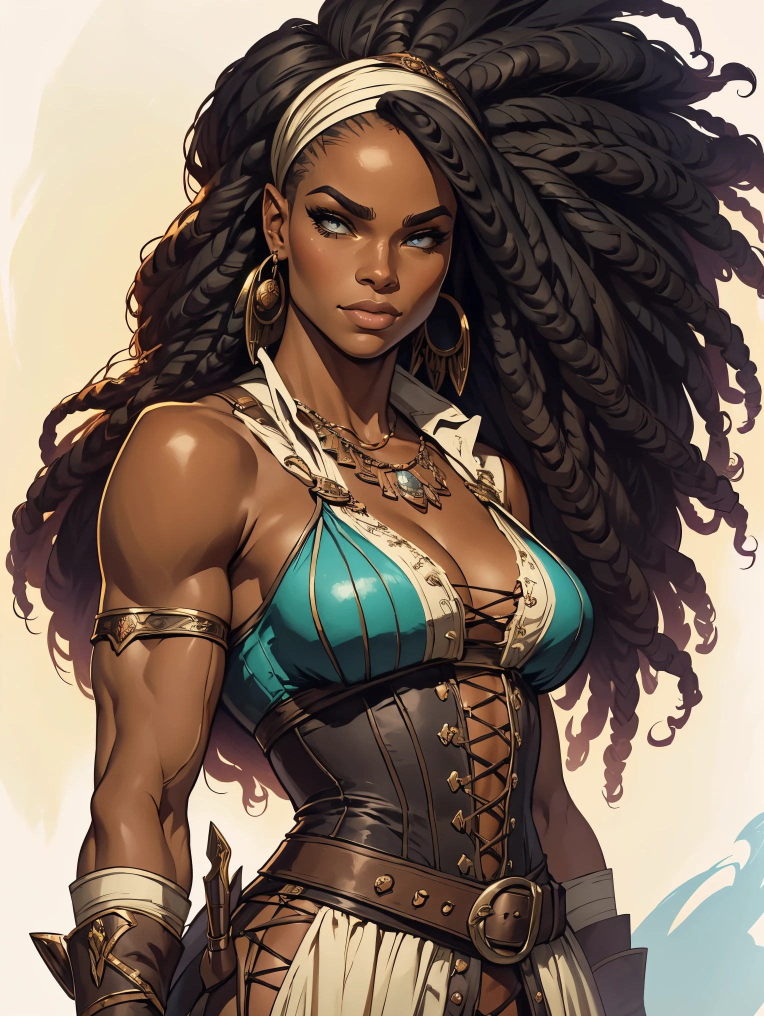 a female black lady from the early 18th century based on Serena Williams, Dungeons and Dragons 5th edition style illustration, cinematic, fantasy painting, highly detailed, black outlining, full color illustration, in the style of BORIS VALLEJO & JULIE BELL