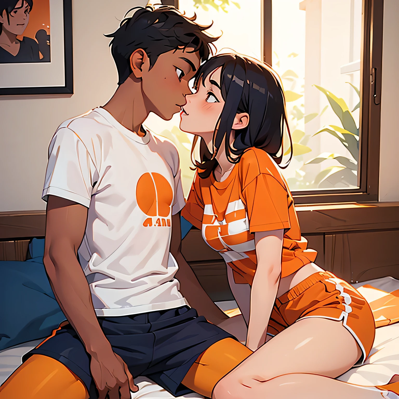 Amazing portrait of a young woman wearing white and orange striped t shirt and orange shorts and young boy wearing a navy blue t shirt and black shorts sitting on a bed together and kissing and making out passionately in a sexy and hot and lustful setting