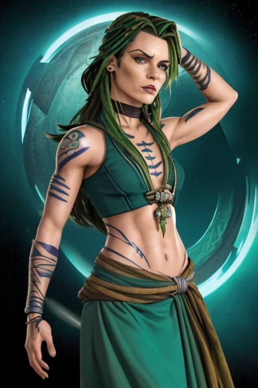 (tribal tattoos) (green and blue hair) (X-Men Rogue) (Star Trek Jadzia Dax) (2000 Ninja Turtles April) (Greek mythology Athena) (pirate woman) (Star Wars zabrak) (Star Trek trill) (pale skin)