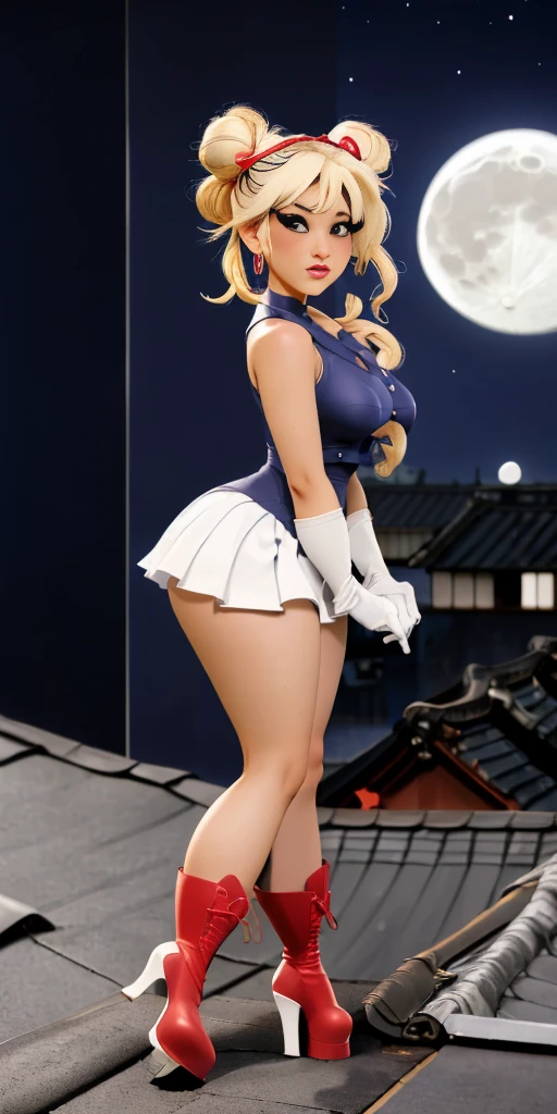 (masterpiece, best quality, ultra detailed, absurdness)1.5, 1girl, (sexy, beautiful woman, perfect face, perfect eyes, perfect female body, huge breasts)1.5, (usagi, double bun, twin tails, parted bangs, circlet, jewelry, earrings, choker, red bow, white gloves, elbow gloves, blue skirt, red boots with white trim, ), (standing on a rooftop, Japanese city in background, night sky, moonlit), perfect lighting, smooth, hud