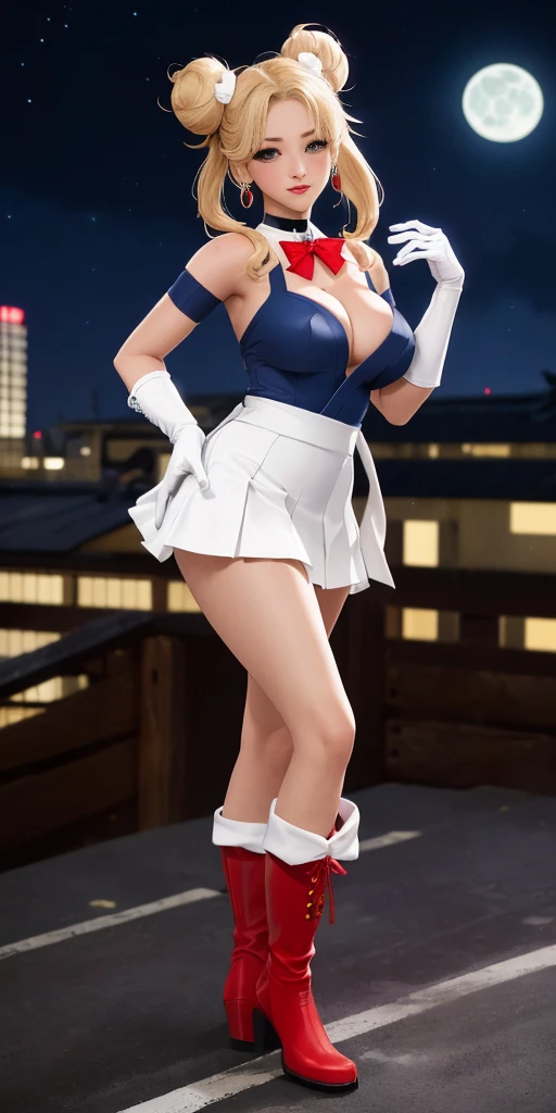 (masterpiece, best quality, ultra detailed, absurdness)1.5, 1girl, (sexy, beautiful woman, perfect face, perfect eyes, perfect female body, huge breasts)1.5, (usagi, double bun, twin tails, parted bangs, circlet, jewelry, earrings, choker, red bow, white gloves, elbow gloves, blue skirt, red boots with white trim, ), (standing on a rooftop, Japanese city in background, night sky, moonlit), perfect lighting, smooth, hud