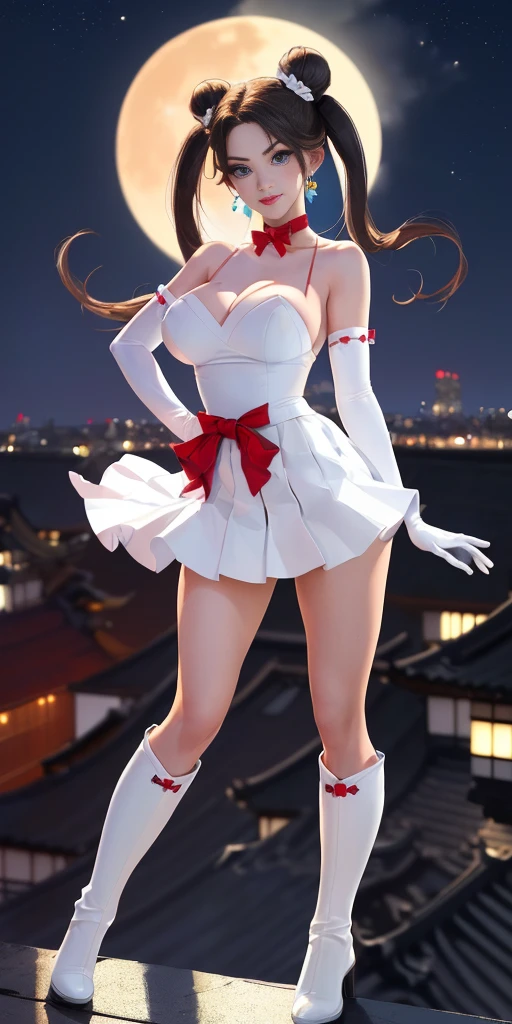 (masterpiece, best quality, ultra detailed, absurdness)1.5, 1girl, (sexy, beautiful woman, perfect face, perfect eyes, perfect female body, huge breasts)1.5, (usagi, double bun, twin tails, parted bangs, circlet, jewelry, earrings, choker, red bow, white gloves, elbow gloves, blue skirt, red boots with white trim, ), (standing on a rooftop, Japanese city in background, night sky, moonlit), perfect lighting, smooth, hud