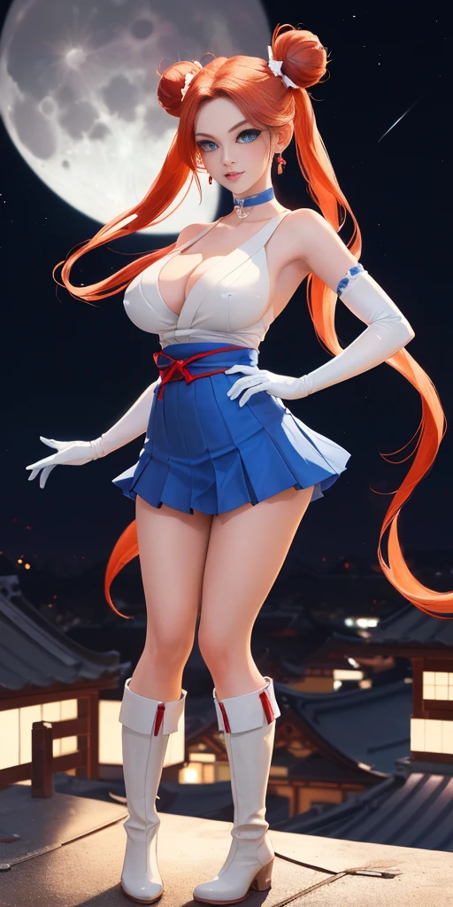 (masterpiece, best quality, ultra detailed, absurdness)1.5, 1girl, (sexy, beautiful woman, perfect face, perfect eyes, perfect female body, huge breasts)1.5, (usagi, double bun, twin tails, parted bangs, circlet, jewelry, earrings, choker, red bow, white gloves, elbow gloves, blue skirt, red boots with white trim, ), (standing on a rooftop, Japanese city in background, night sky, moonlit), perfect lighting, smooth, hud