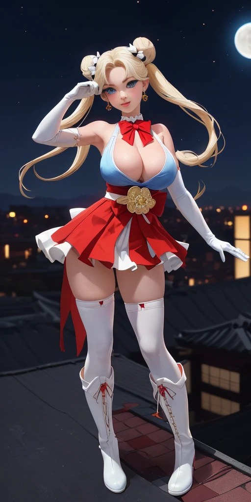 (masterpiece, best quality, ultra detailed, absurdness)1.5, 1girl, (sexy, beautiful woman, perfect face, perfect eyes, perfect female body, huge breasts)1.5, (usagi, double bun, twin tails, parted bangs, circlet, jewelry, earrings, choker, red bow, white gloves, elbow gloves, blue skirt, red boots with white trim, ), (standing on a rooftop, Japanese city in background, night sky, moonlit), perfect lighting, smooth, hud