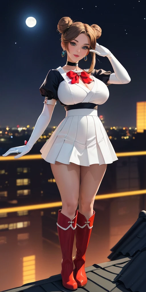 (masterpiece, best quality, ultra detailed, absurdness)1.5, 1girl, (sexy, beautiful woman, perfect face, perfect eyes, perfect female body, huge breasts)1.5, (usagi, double bun, twin tails, parted bangs, circlet, jewelry, earrings, choker, red bow, white gloves, elbow gloves, blue skirt, red boots with white trim, ), (standing on a rooftop, Japanese city in background, night sky, moonlit), perfect lighting, smooth, hud