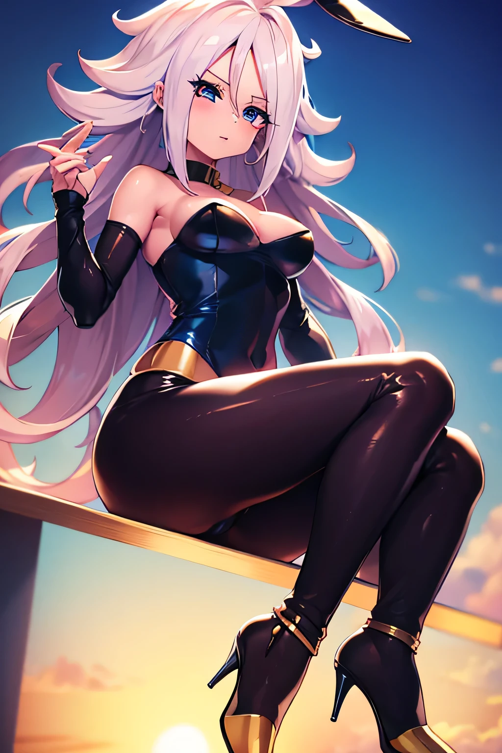 masterpiece, 8k, belleza, 1girl, android21, high heels, bunny suit, pantyhose, by the chestnut, anteojos, dynamicposes