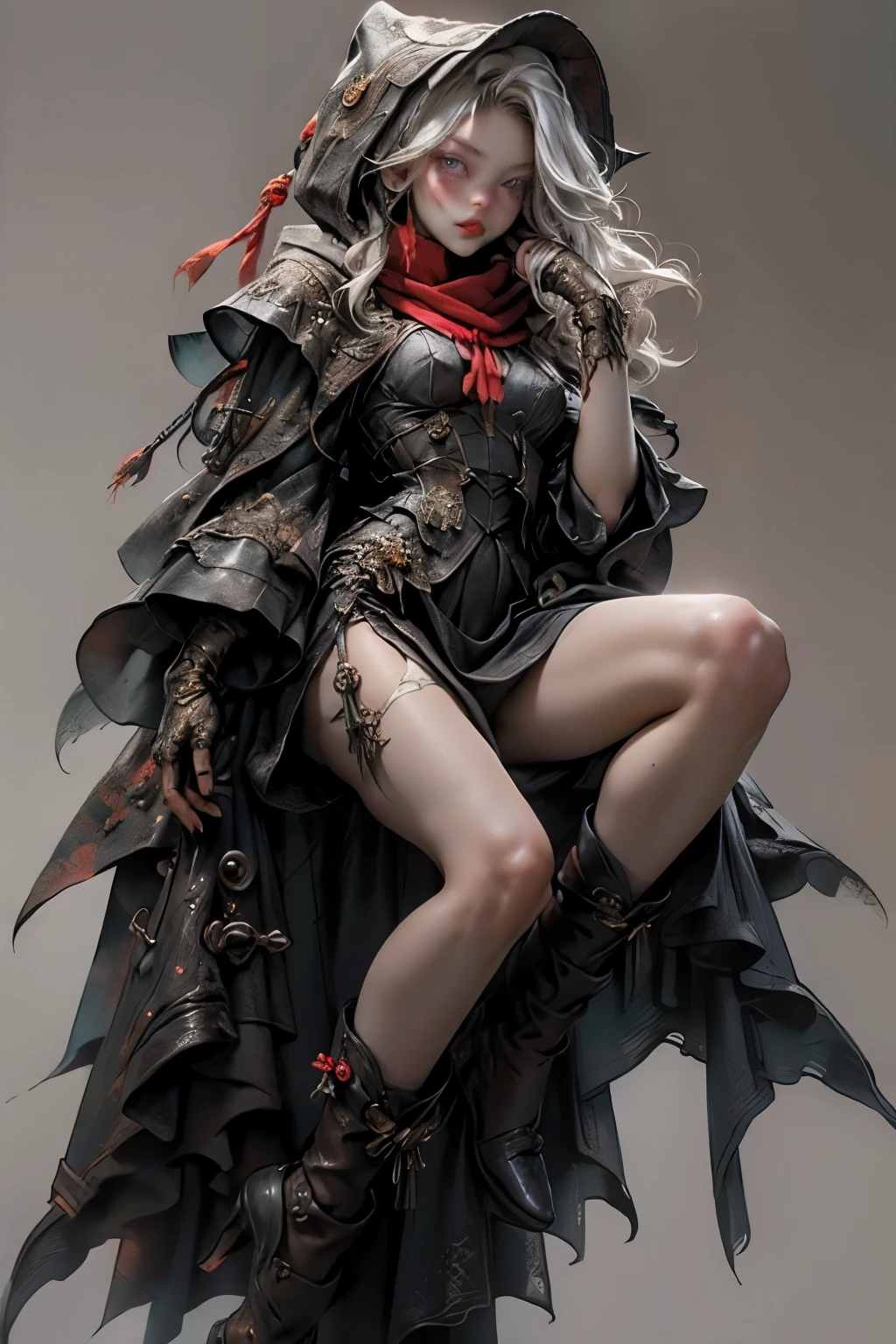 ((best quality)), ((masterpiece)), (detailed), perfect face, ((best quality)), ((masterpiece)), (detailed), perfect face(Golden ratio:1.2),(Fault color:1.3),[(White background:1.4)::10], (full bodyesbian:1.2),(Ultra-detailed:1.3), （white color background）white background, plain background, teens girl，White hair，Red glowing eyes, photorealestic,（（（Red and white trench coat））），（Red scarf)，a black pleated skirt，black t-shirts，longer sleeves，（（With a hood）），side-lighting, ????, Depicting female characters from ethereal anime in a high-quality anime art style，，，8K，Red and white shoes with a sense of technology，(chaotic geometric images:1.3),(nagative space:0.8), (ether colorful ink flowing:1.3), a knight, white background, plain background, Bloodborne inspired, tatty Bloodborne attire, occult aesthetic, occult, tatty red and white clothing detailed and intricate steampunk and detailed gothic lolita (with a hood), long coat, Complex laced boots, Fluttering lace flared long knee length dress with frilly petticoats, long dress, knee length dress, pleated petticoats, lolita dress, petticoats gothic lolita, beautiful small ???????, (((( Highly detailed face))), small thin nose, Small thin lips mouth, (((Very sharp focused eyes))), Very large slit precision pale grey eyes that shine like jewels. very long eyelashes, Silver hair swaying in the wind,  white background, Very dramatic and cinematic lighting, tatty damaged old red and white clothing, full body, whole body, body, cosmic horror, grim dark, full body