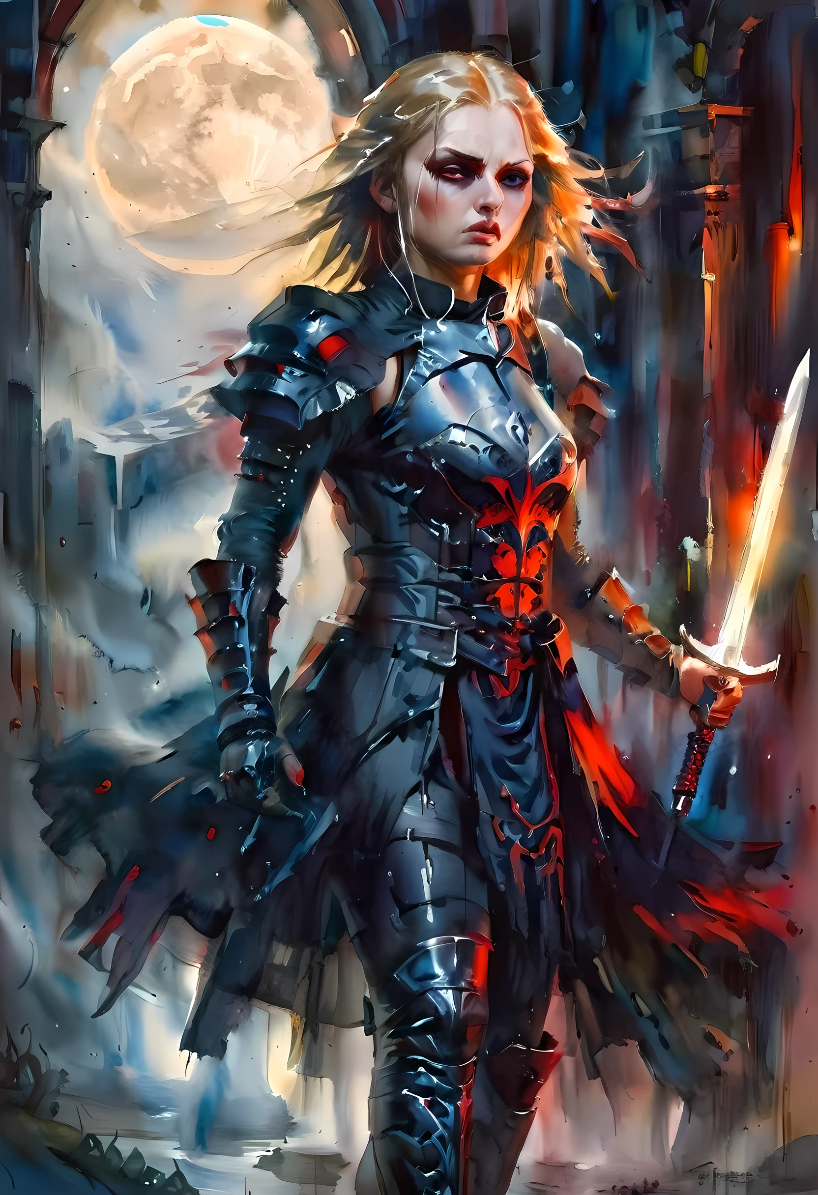 Arafed, dark fantasy art, gothic art, a picturק of a vampire ready for battle, female vampire, armed with a sword, wearing heavy armor , armed with a sword, shining sword, ultra detailed face (intricate detailed, Masterpiece, best quality: 1.4), pale skin, glowing eyes, red eyes, ultra feminine, pale skin, dynamic hair, dark fantasy urban street (intricate detailed, Masterpiece, best quality: 1.4), moon light, star light, clouds, armored_dress, traditional watercolor painting