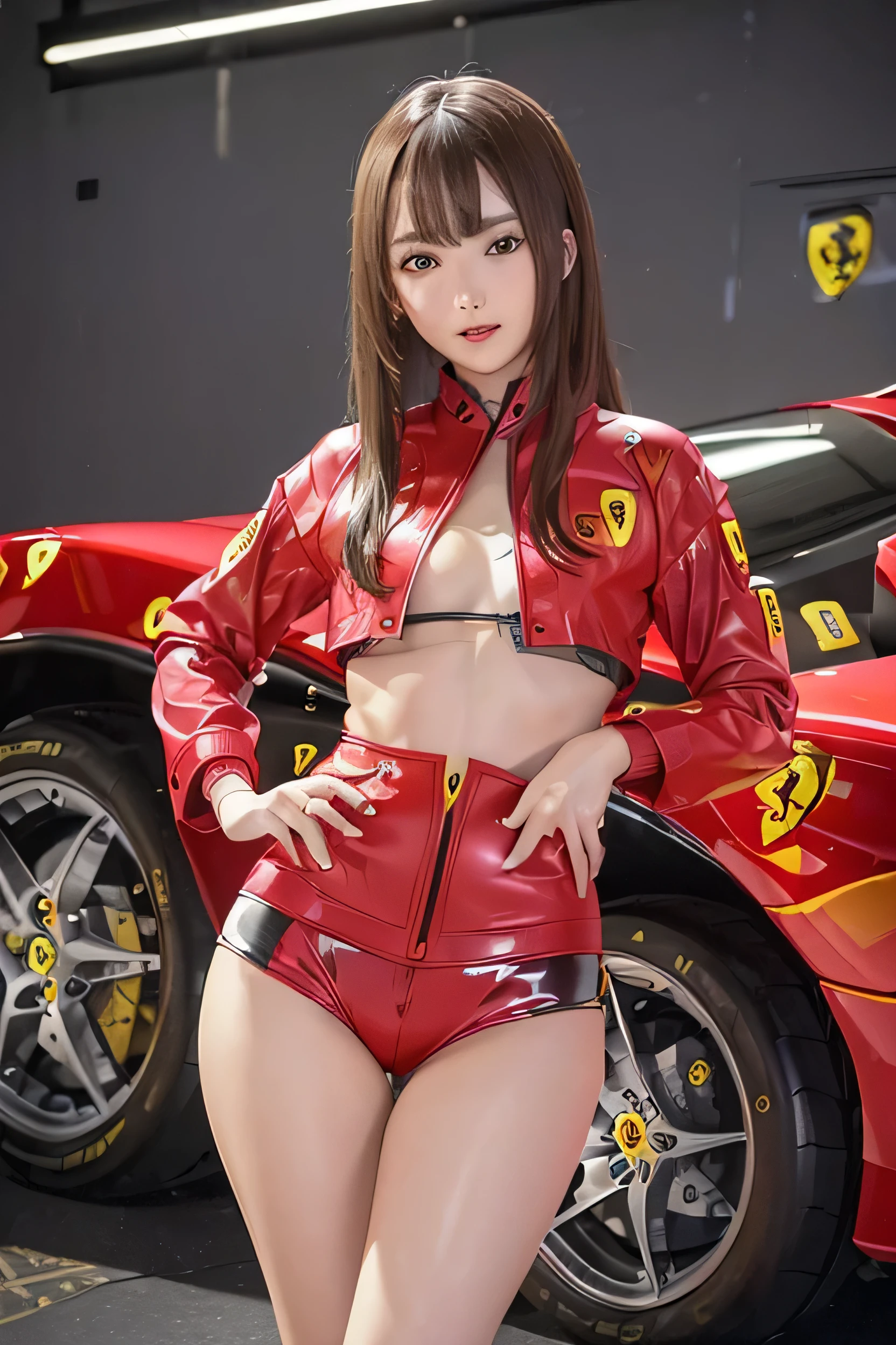 (masterpiece, highest quality, Very detailed, Detailed face, 8k)、smile、One Girl,, , ((( Ferrari red opaque jacket:1.3, , Holographic:1.23))), , Extremely detailed clarity, (Symmetrical eyes:1.3), , , , , ,, , , (Eye and facial details:1.0), , slim、Flat body、cute、、Small breasts、Jet black background、(((B1 cup chest.8)))、(((Skinny 1.7)))、(((Small breasts 1.9)))、(((19-year-old female)))、(((A1 cup chest.2)))、(((Suren 1.7)))、(((Small breasts 1.5)))、(((Overall 1.5)))、(((Full body composition 1.5)))、(((Whole body 1.5)))、(((9:1.8))),