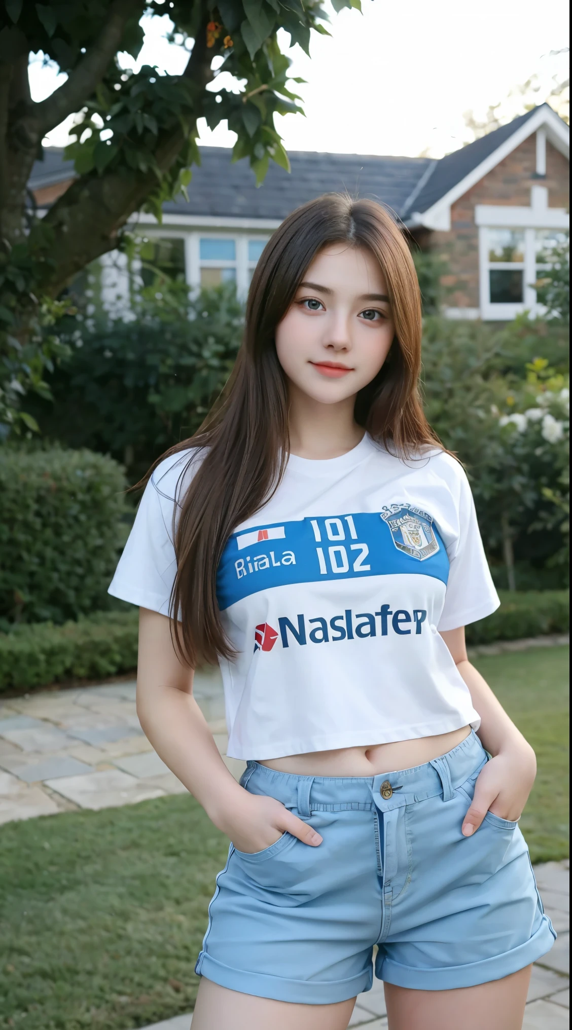 Gorgeus Girl, Beautiful, Baby Face, 20 Years Old, White Skin, Beside, Sexy Pose,manchester united t-shirt, Blue Eye, Bokeh, front yard of the house Background, Masterpiece, Fullbody Shot, short pants, manchester united logo