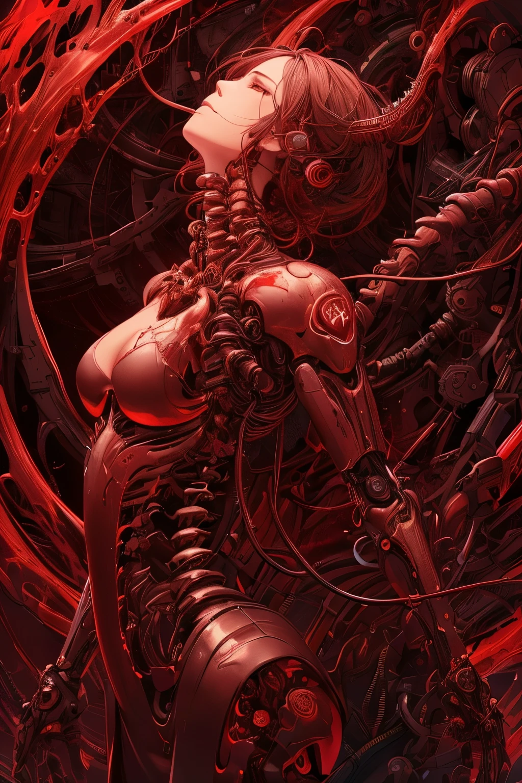 (((Masterpiece))), (((Best quality))), ((Ultra-detailed)), (CG illustration), ((An extremely delicate and beautiful)),(Look up to the side), (((Red flowing liquid background)))Cinematic light with strong contrast between light and dark, ((1 mechanical girl)), solo person, Body parts,(Red machine-made joints:1.2),((Mechanical limb)),(blood vessel connected to tube),(The mechanical spine is attached to the back),((The mechanical cervical vertebrae are attached to the neck)),(are standing),A sad expression with red tears,(Wires and cables around the neck:1.2),(wires and cables on head:1.2)(Character focus),sci-fy,Extremely fine,scarlet,Thinnest