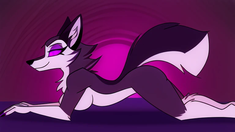 (masterpiece, best quality:1.2), Vortex hellhound, female feminine wolf, furry, white fur, naked, helluva boss, hypnotized with completely spyral glowing purple eyes with no irises or pupils, walking on all fours, profile picture