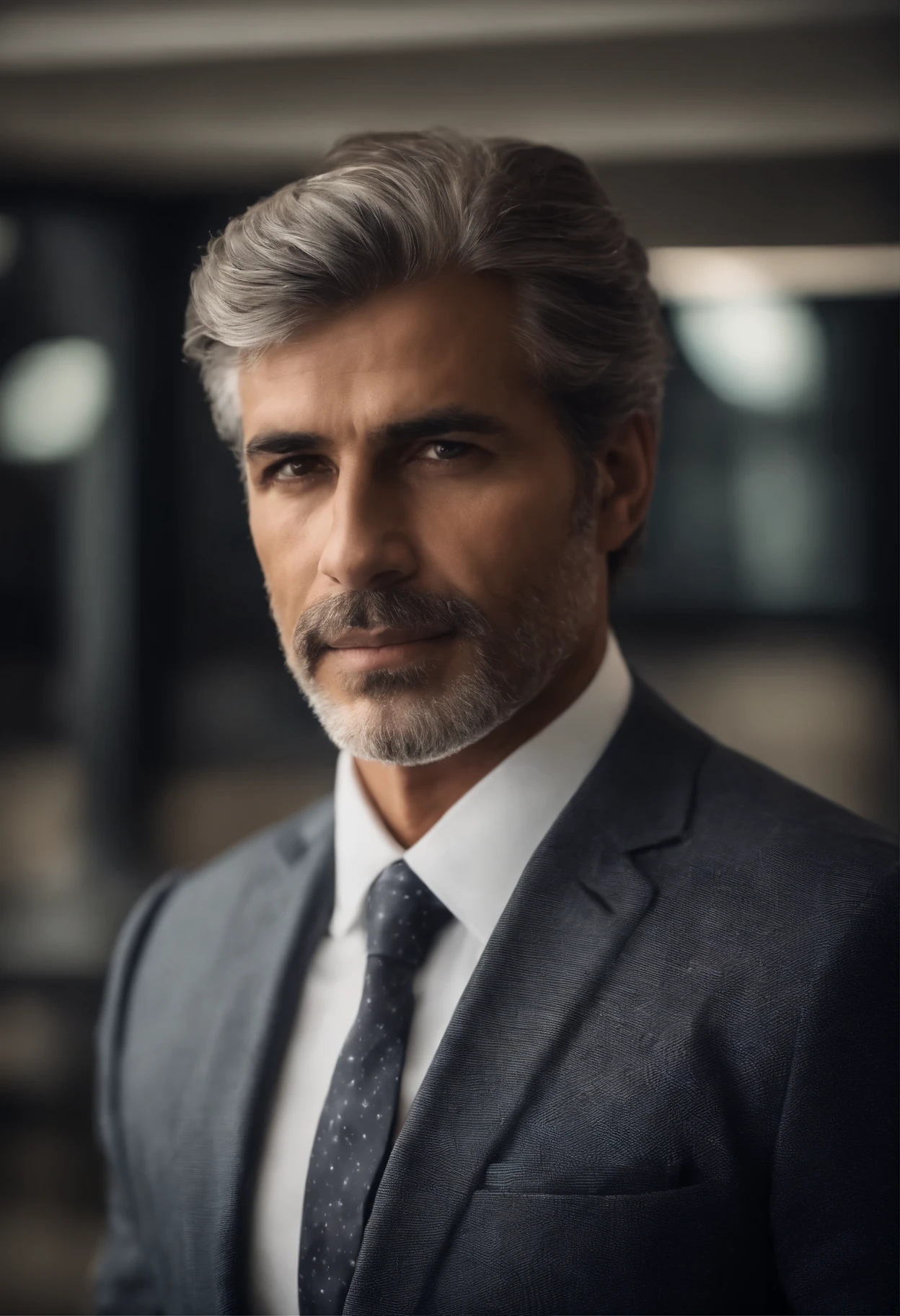 "Um jovem senhor de 50 anos, com cabelo grisalho bem aparado e um ar confiante. He's wearing an elegant suit, de cor escura, com uma camisa branca e uma gravata sofisticada. Your eyes reflect wisdom and experience. He is standing, em um ambiente profissional, perhaps with a modern office background or a conference room."