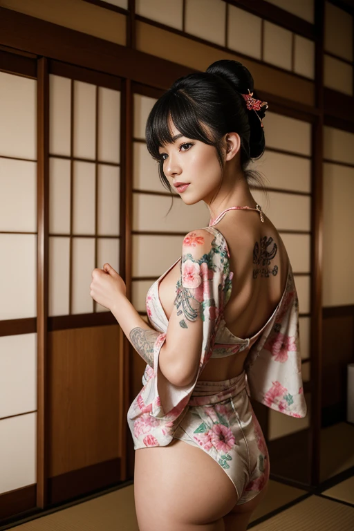 woman, 25 year old (mastercalss) (8k), (sexy) , yakuza tattoo, vintage japanese house, kimono ouvert