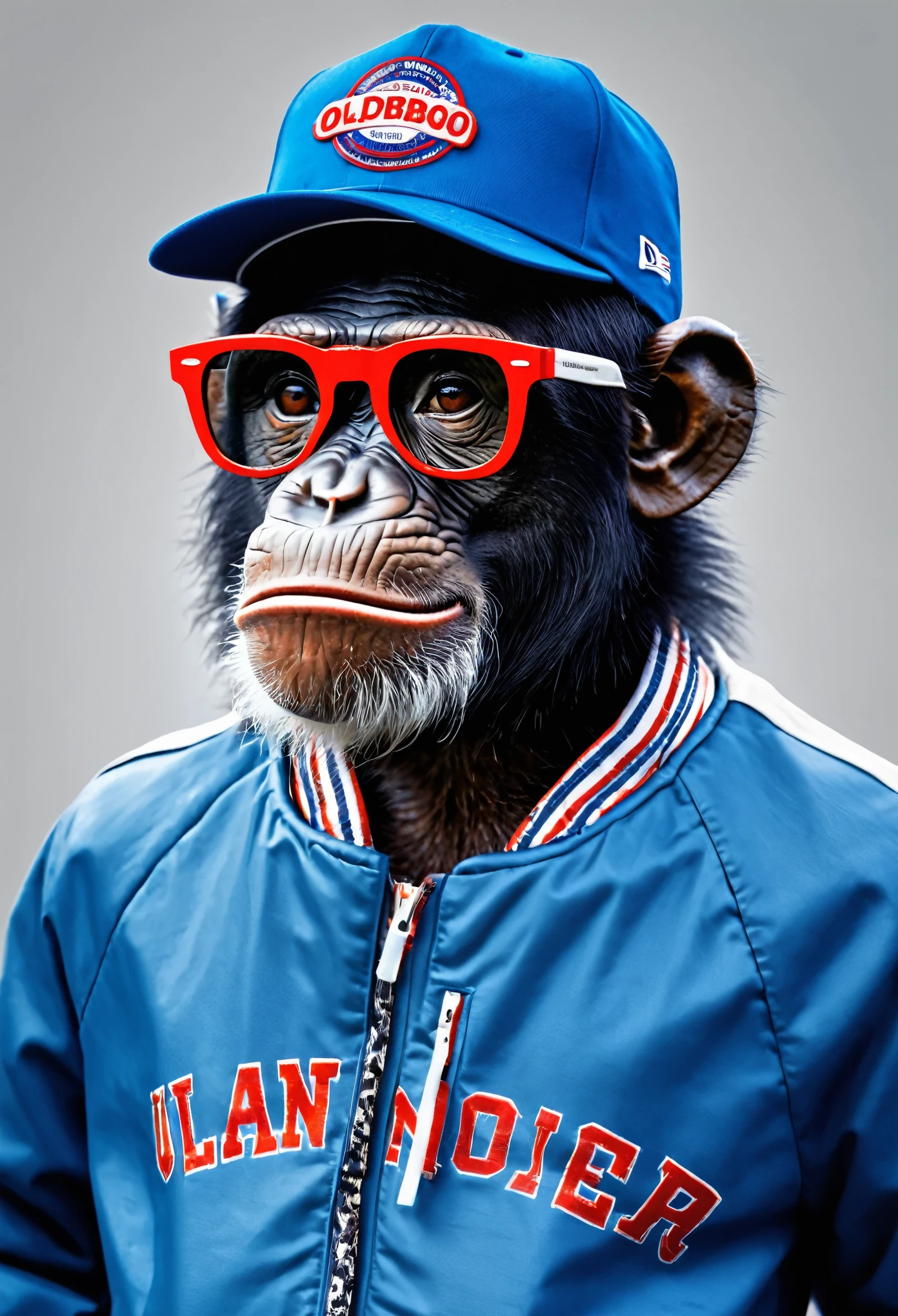 reconhecer, Western Plains Chimpanzee, retro 70s sunglasses, pequena barba branca, jaqueta vermelha com mangas brancas, estilo colegial americano, blue cap with red and white details, escrita "OldBoy" , gamer, neonObra de arte,abstrato, 8k hd,Absurd resolution,ultra detalhado,Obra de arte,premiado,sharp focus,detalhe intrincado,Lente de 50 mm INFO