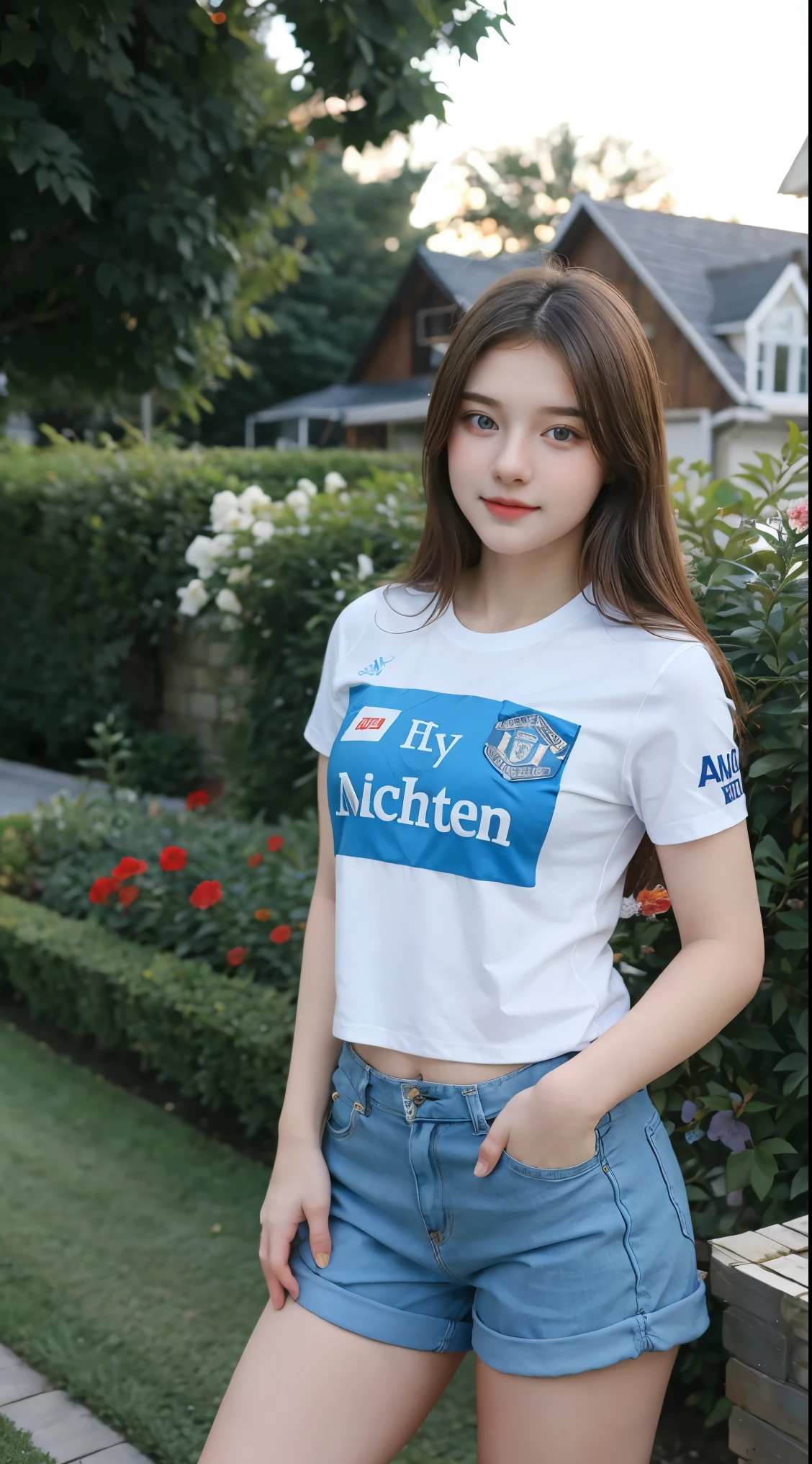Gorgeus Girl, Beautiful, , 20 Years Old, White Skin, Beside, Sexy Pose,manchester united t-shirt, Blue Eye, Bokeh, front yard of the house Background, Masterpiece, Fullbody Shot, short pants