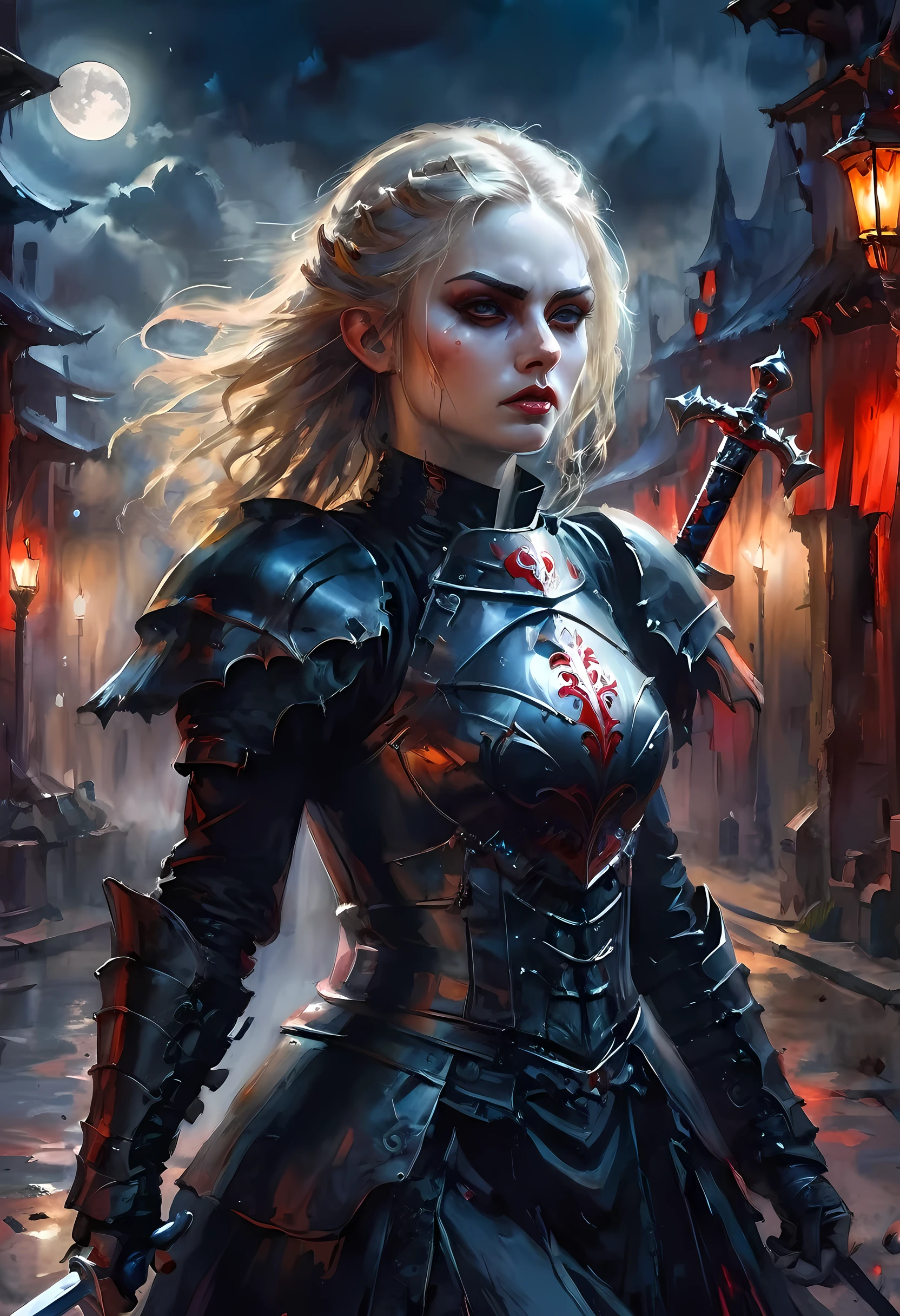 Arafed, dark fantasy art, gothic art, a picturק of a vampire ready for battle, female vampire, armed with a sword, wearing heavy armor , armed with a sword, shining sword, ultra detailed face (intricate detailed, Masterpiece, best quality: 1.4), pale skin, glowing eyes, red eyes, ultra feminine, pale skin, dynamic hair, dark fantasy urban street (intricate detailed, Masterpiece, best quality: 1.4), moon light, star light, clouds, armored_dress, traditional watercolor painting
