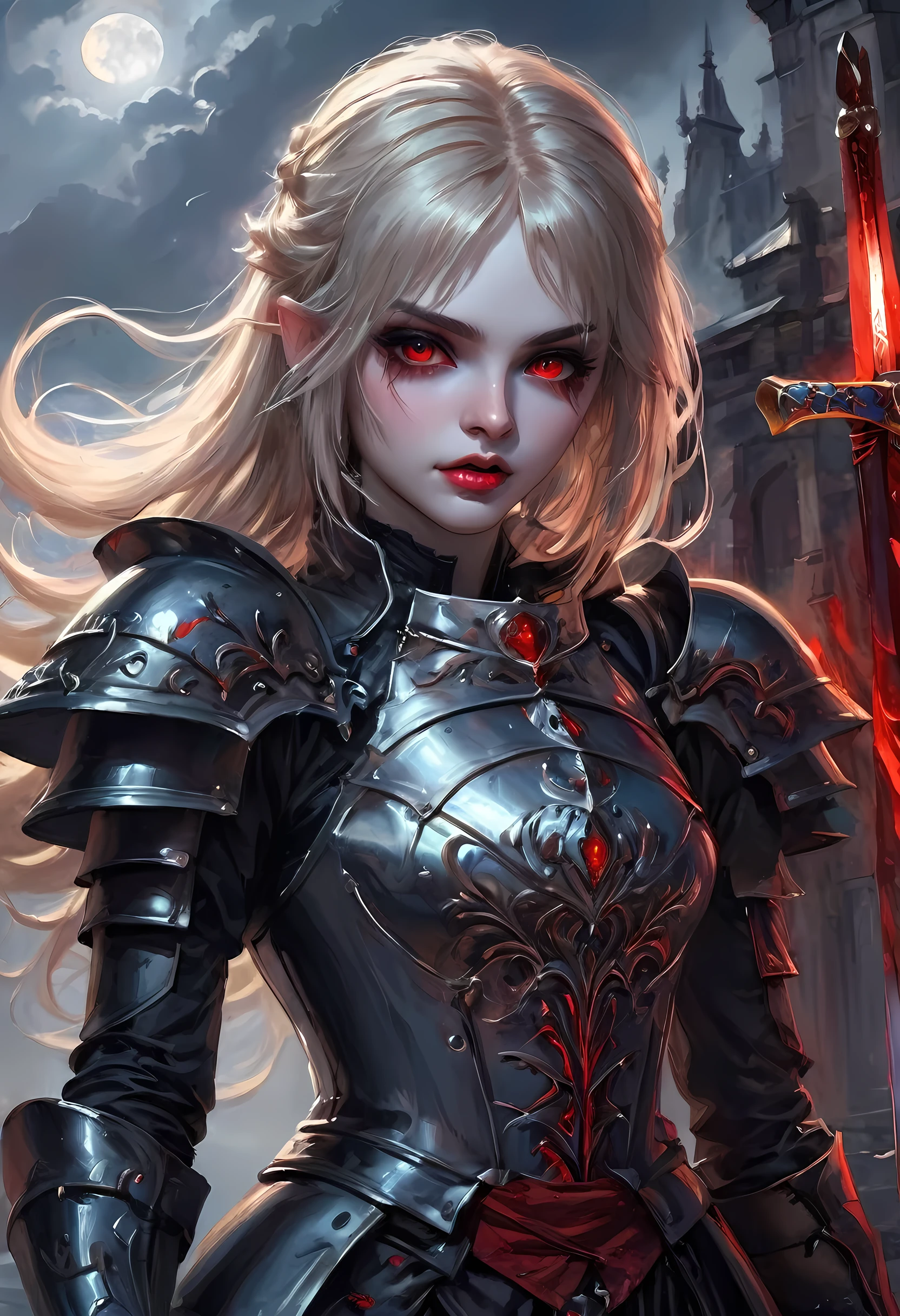 Arafed, dark fantasy art, gothic art, a picturק of a vampire ready for battle, female vampire, armed with a sword, wearing heavy armor , armed with a sword, shining sword, ultra detailed face (intricate detailed, Masterpiece, best quality: 1.4), pale skin, glowing eyes, red eyes, ultra feminine, pale skin, dynamic hair, dark fantasy urban street (intricate detailed, Masterpiece, best quality: 1.4), moon light, star light, clouds, armored_dress, watercolor