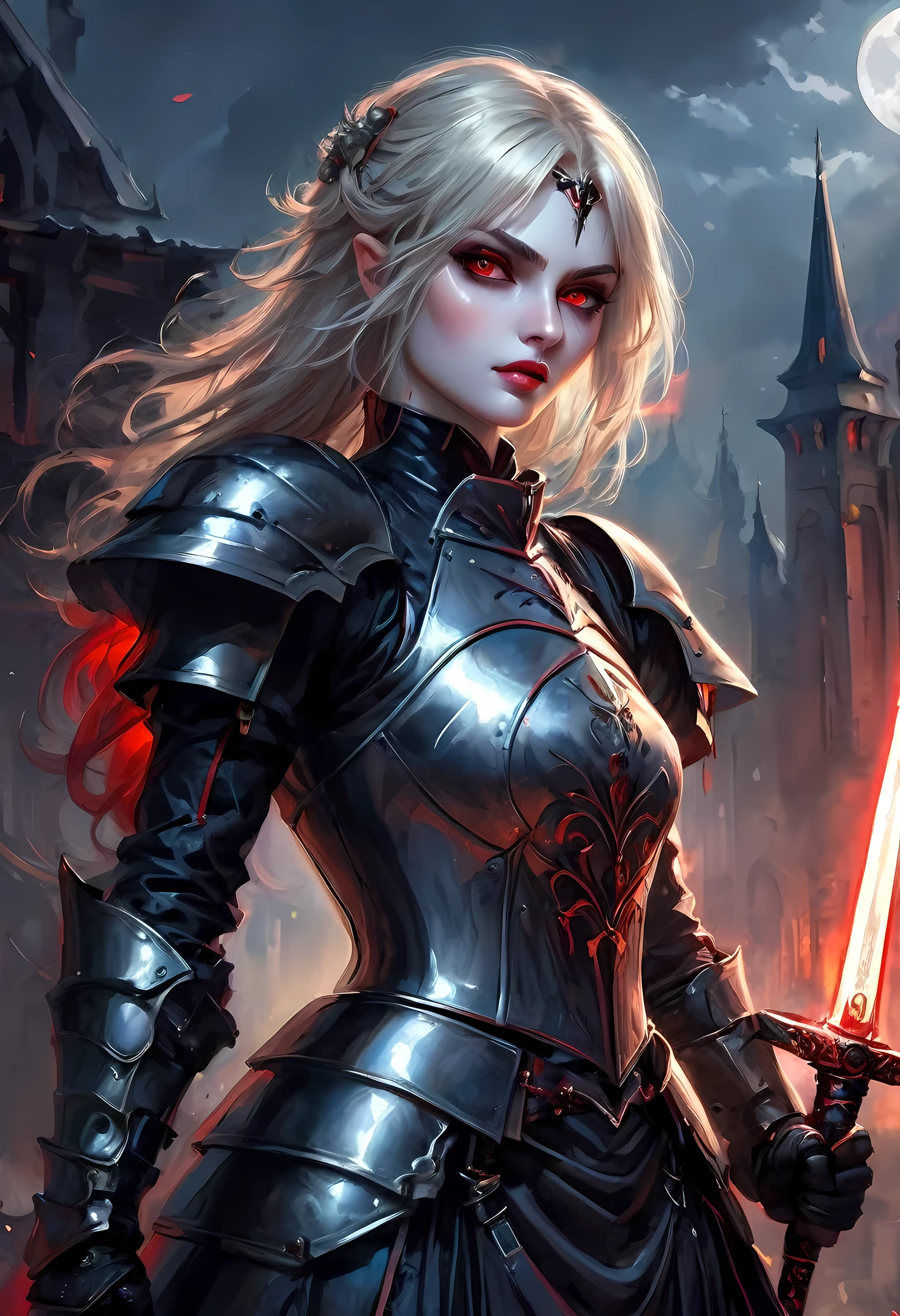 Arafed, dark fantasy art, gothic art, a picturק of a vampire ready for battle, female vampire, armed with a sword, wearing heavy armor , armed with a sword, shining sword, ultra detailed face (intricate detailed, Masterpiece, best quality: 1.4), pale skin, glowing eyes, red eyes, ultra feminine, pale skin, dynamic hair, dark fantasy urban street (intricate detailed, Masterpiece, best quality: 1.4), moon light, star light, clouds, armored_dress, watercolor