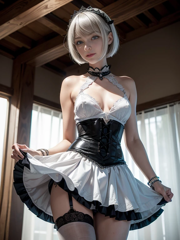 8K,Masterpiece,One woman,Smile,30 years old,blue eyes,Silver Ash Hair,Short Bob Hair,Dutch beauty,Ella Freya(Ella Freya),Gothic ta,White skin,Slender figure,Small breasts,Dynamic Angle,skirt lift,Panty Shot,