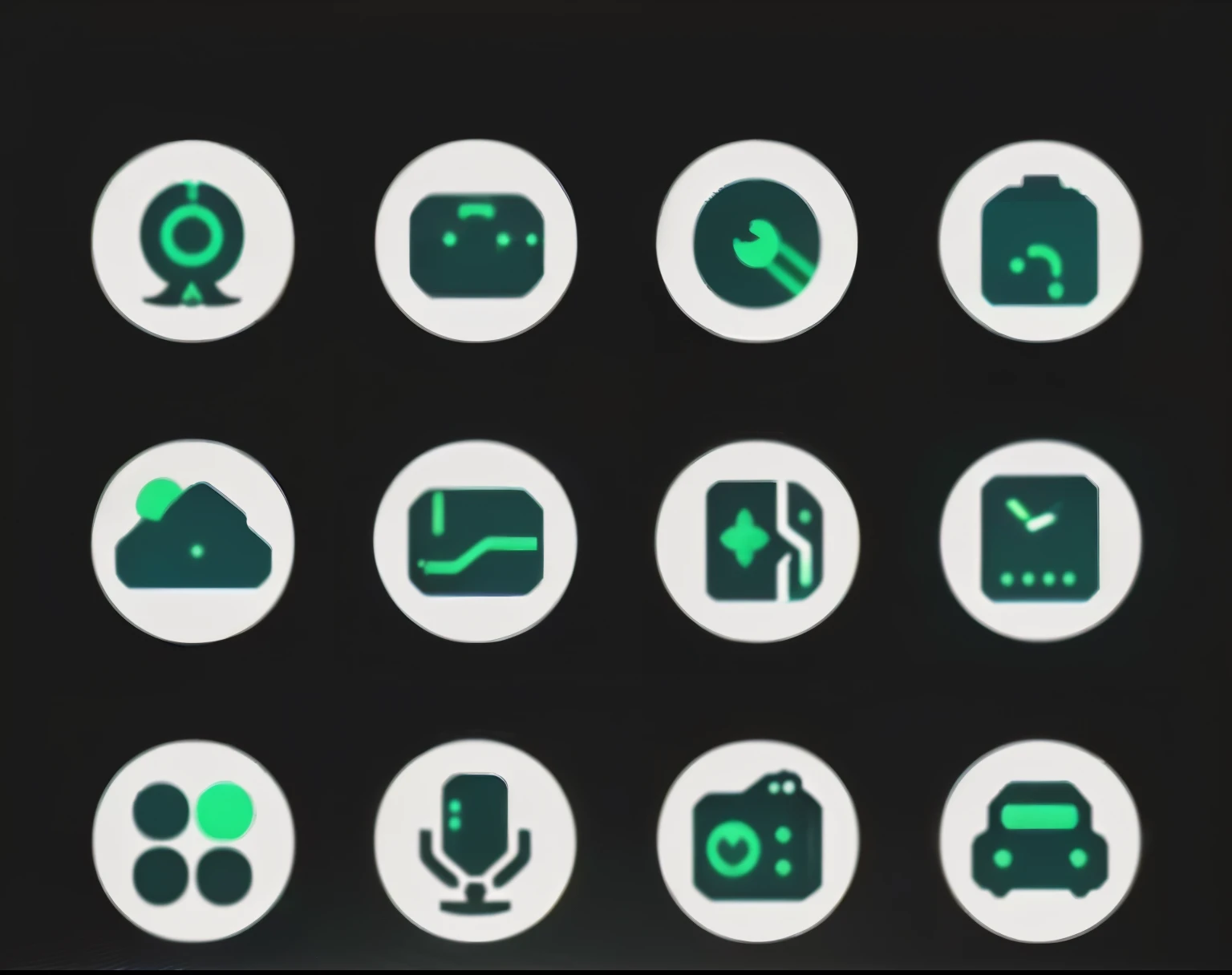 a close up of a bunch of different icon on a black background, icon包, icon风格, status icon, Blue-black theme, icon, black background,白色圆形icon外框 从蓝色到黑色的渐变, 平面icon,Black and blue scheme, Techno and punk themes,Dark blue theme,