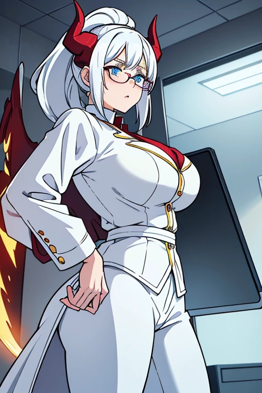 -artwork- -4k- -high quality- a completely white entity, bright white hair, light blue eyes, no human features, sexy female body, big breasts, big butt, big waist, red horns, wearing a yellow blouse , white medical coat, black pants, hair tied, wearing glasses, with a worried expression, entering the patient room