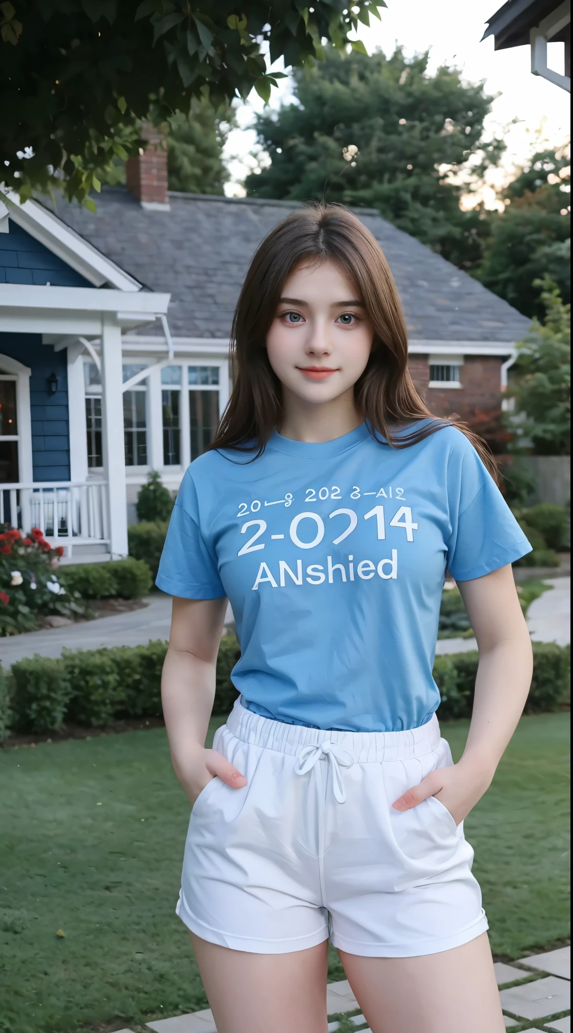 Gorgeus Girl, Beautiful, Baby Face, 20 Years Old, White Skin, Beside, Sexy Pose,manchester united t-shirt, Blue Eye, Bokeh, front yard of the house Background, Masterpiece, Fullbody Shot, short pants