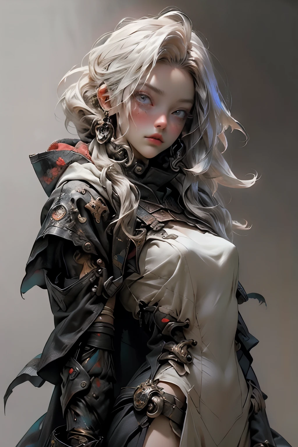 ((best quality)), ((masterpiece)), (detailed), perfect face, ((best quality)), ((masterpiece)), (detailed), perfect face(Golden ratio:1.2),(Fault color:1.3),[(White background:1.4)::10], (full bodyesbian:1.2),(Ultra-detailed:1.3), （white color background）white background, plain background, teens girl，White hair，Red glowing eyes, photorealestic,（（（Red and white trench coat））），（Red scarf)，a black pleated skirt，black t-shirts，longer sleeves，（（With a hood）），side-lighting, NSFW, Depicting female characters from ethereal anime in a high-quality anime art style，，，8K，Red and white shoes with a sense of technology，(chaotic geometric images:1.3),(nagative space:0.8), (ether colorful ink flowing:1.3), a knight, white background, plain background, Bloodborne inspired, tatty Bloodborne attire, occult aesthetic, occult, tatty red and white clothing detailed and intricate steampunk and detailed gothic lolita (with a hood), long coat, Complex laced boots, Fluttering lace flared long knee length dress with frilly petticoats, long dress, knee length dress, pleated petticoats, lolita dress, petticoats gothic lolita, beautiful small breasts, (((( Highly detailed face))), small thin nose, Small thin lips mouth, (((Very sharp focused eyes))), Very large slit precision pale grey eyes that shine like jewels. very long eyelashes, Silver hair swaying in the wind,  white background, Very dramatic and cinematic lighting, tatty damaged old red and white clothing, full body, whole body, body, cosmic horror, grim dark, full body