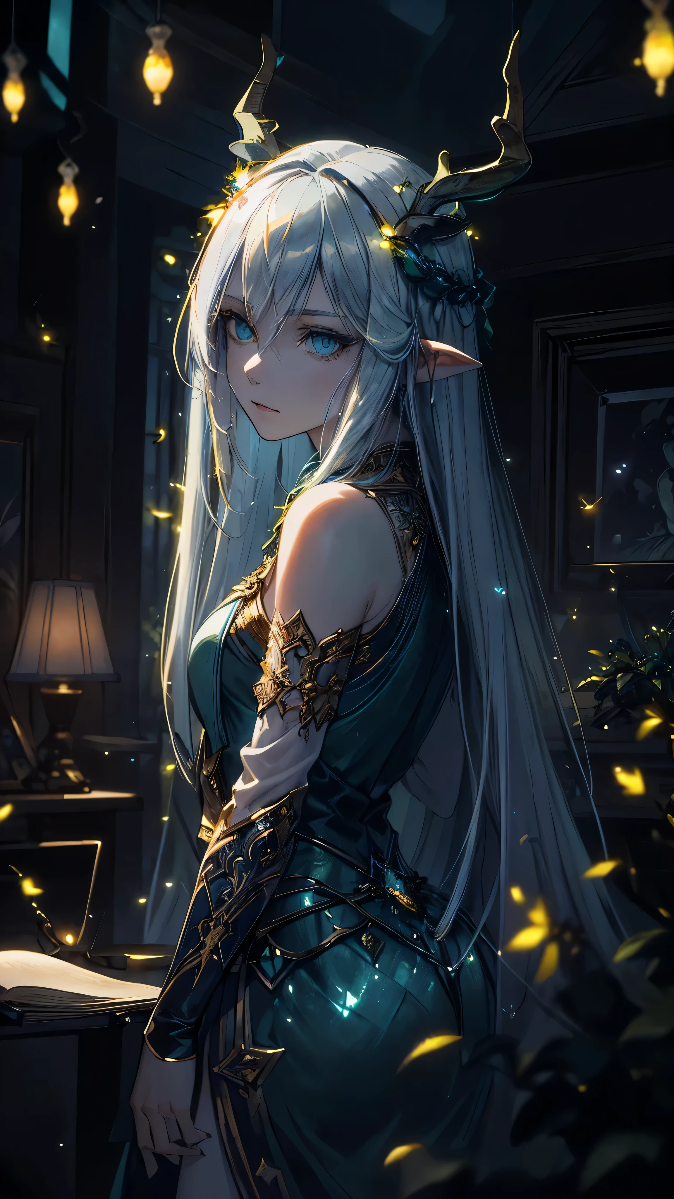 Masterpiece, Best Quality, High Quality, (glowing light blue eyes), (Darkness:1.2), (Fair Skin), (1 Lady, Mythical Creatures, Solo, Calm, Deer horns, (very long white hair, dynamic angle), pointy_ears, magic book, fantasy, Abstraction, Deep Forest, Dark Forest, Award-winning photography, Depth of field, HDR, Very detailed, Trending in art stations, Trending in CGsociety, Complex, High detail,(Masterpiece:1.2, Best Quality), (Best Lighting, Very Delicate and Beautiful), (Best Lighting, Very Delicate and Beautiful), (Beautiful Detailed Face), (Detailed Eyes and Detailed Face:1.2), Dark Fantasy, (depth of field),high contrast, (darkness night:1.4), (green fireflies:1.4), Magnificent Dark Forest