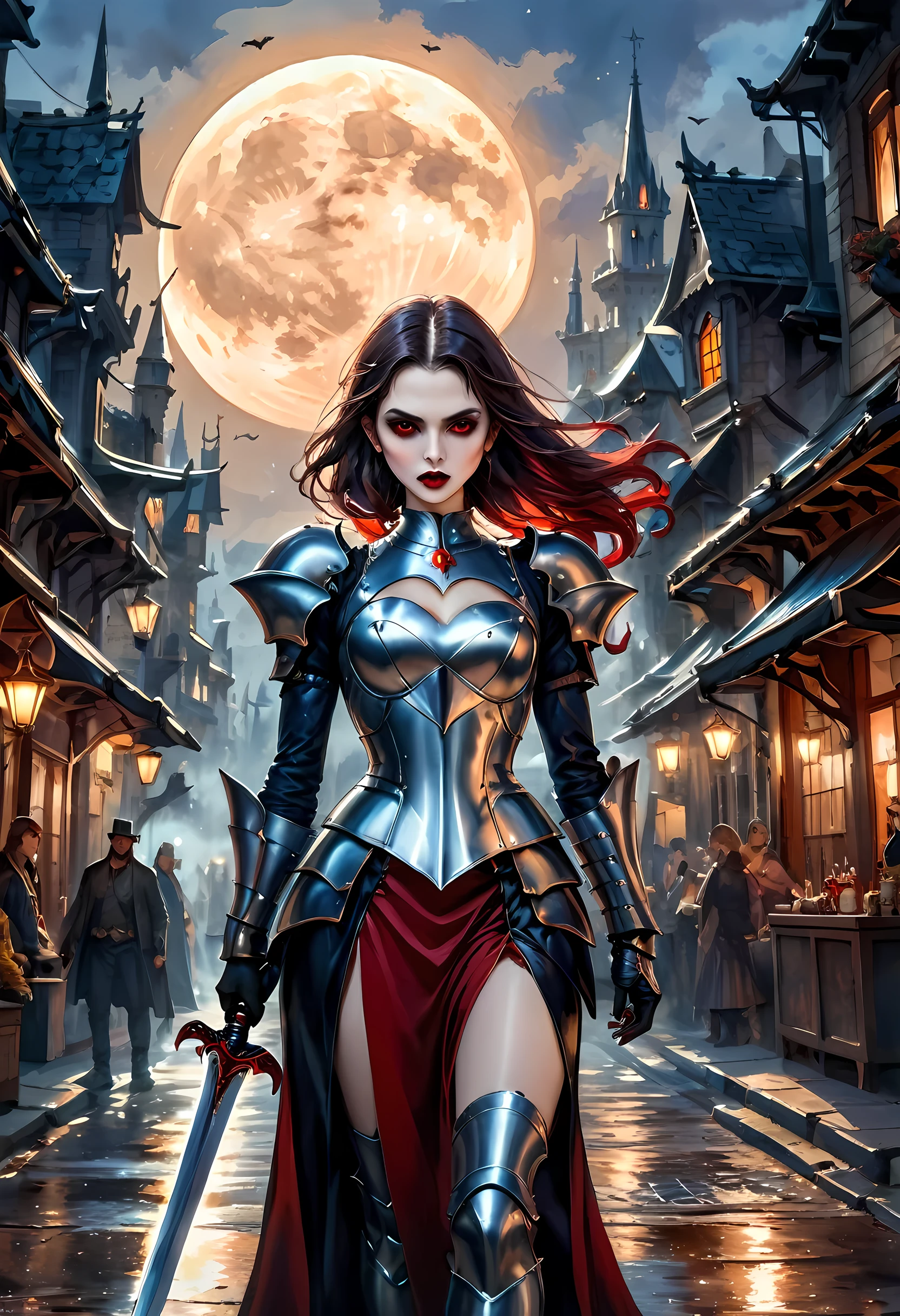 Arafed, dark fantasy art, gothic art, a picturק of a vampire ready for battle, female vampire, armed with a sword, wearing heavy armor , armed with a sword, shining sword, ultra detailed face (intricate detailed, Masterpiece, best quality: 1.4), pale skin, glowing eyes, red eyes, ultra feminine, pale skin, dynamic hair, dark fantasy urban street (intricate detailed, Masterpiece, best quality: 1.4), moon light, star light, clouds, armored_dress, watercolor