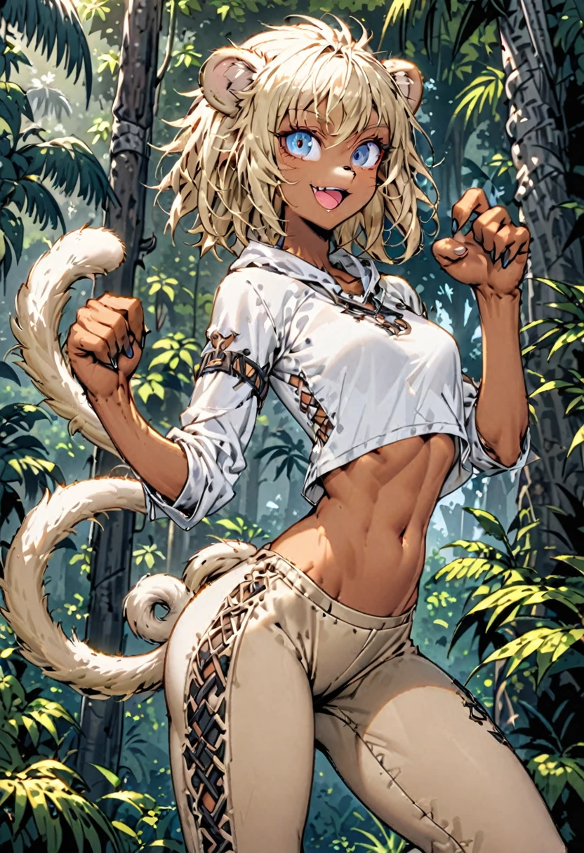 solo, female, sfw, medium shot, very short hair, messy hair, thick hair, platinum blonde hair, light blue eyes, blonde monkey ears, monkey tail, blonde monkey hand, very slim, athletic, small breasts, tan skin, wild clothes, jungle, wide smile, blonde furry forearms, abs, open mouth, big ass, blonde fur, long arms, tight pants, medieval, furry forearms