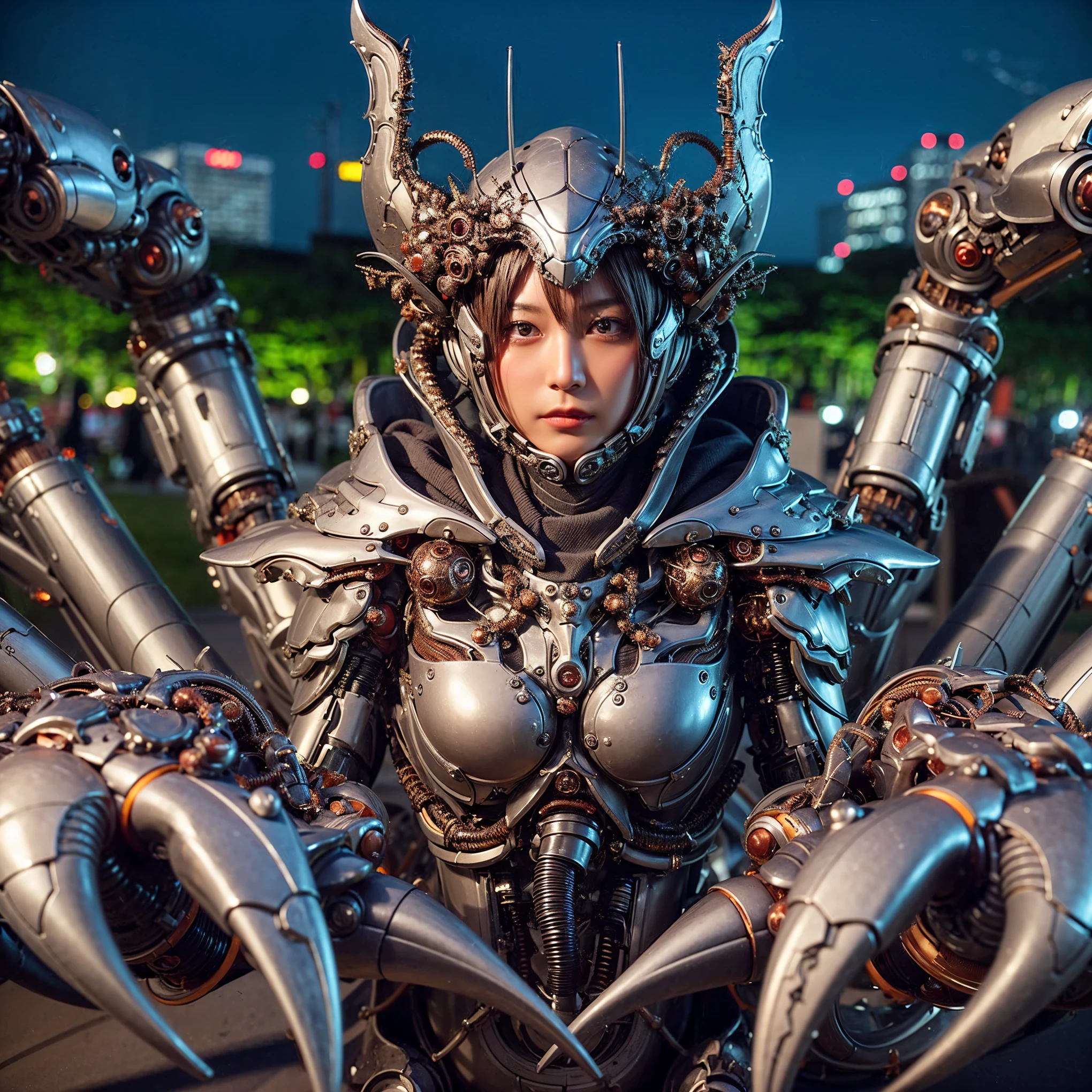 Masterpiece, (ultimate quality:1.2), 8k, Japanese woman in crab-type bio suit, silver base with bronze and gold accents, very beautiful face, mechanical, (mechanical bat wings), hydraulic cylinder, power pipe, ultimately intricate details, full body shot, (ultimately photo Realistic:1.37), Park with a beautiful view at night, (biological weapon), (biopunk:1.3), Full body photo, Wide-angle shot, Please generate at least 4 photos.