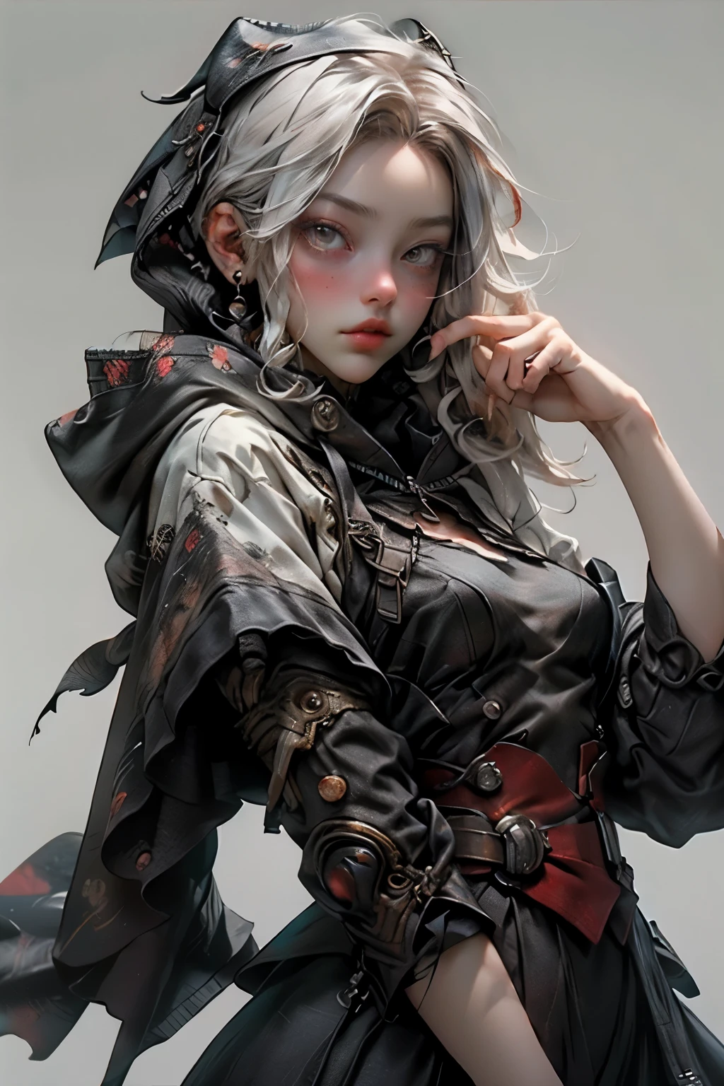 ((best quality)), ((masterpiece)), (detailed), perfect face, ((best quality)), ((masterpiece)), (detailed), perfect face(Golden ratio:1.2),(Fault color:1.3),[(White background:1.4)::10], (full bodyesbian:1.2),(Ultra-detailed:1.3), （white color background）white background, plain background, teens girl，White hair，Red glowing eyes, photorealestic,（（（Red and white trench coat））），（Red scarf)，a black pleated skirt，black t-shirts，longer sleeves，（（With a hood）），side-lighting, NSFW, Depicting female characters from ethereal anime in a high-quality anime art style，，，8K，Red and white shoes with a sense of technology，(chaotic geometric images:1.3),(nagative space:0.8), (ether colorful ink flowing:1.3), a knight, white background, plain background, Bloodborne inspired, tatty Bloodborne attire, occult aesthetic, occult, tatty red and white clothing detailed and intricate steampunk and detailed gothic lolita (with a hood), long coat, Complex laced boots, Fluttering lace flared long knee length dress with frilly petticoats, long dress, knee length dress, pleated petticoats, lolita dress, petticoats gothic lolita, beautiful small breasts, (((( Highly detailed face))), small thin nose, Small thin lips mouth, (((Very sharp focused eyes))), Very large slit precision pale grey eyes that shine like jewels. very long eyelashes, Silver hair swaying in the wind,  white background, Very dramatic and cinematic lighting, tatty damaged old red and white clothing, full body, whole body, body, cosmic horror, grim dark, full body, whole body
