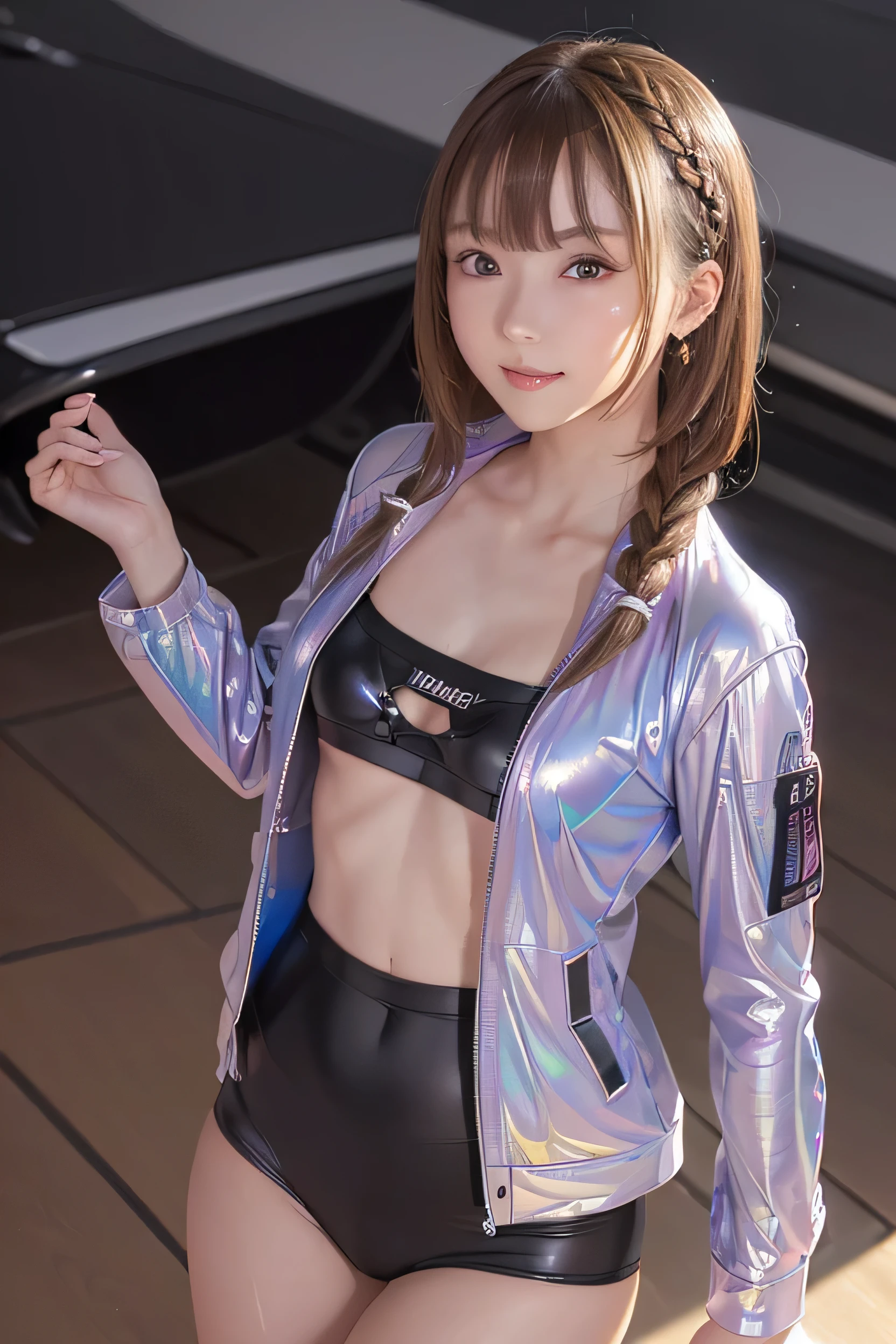 (masterpiece, highest quality, Very detailed, Detailed face, 8k)、smile、One Girl,, , ((( Iridescent opaque jacket:1.3, , Holographic:1.23))), , Extremely detailed clarity, (Symmetrical eyes:1.3), , , , , ,, Parted bangs, , , (Eye and facial details:1.0), , slim、Flat body、cute、、Small breasts、Jet black background、(((Ｂ1 cup chest.8)))、(((Skinny 1.7)))、(((Small breasts 1.9)))、(((19-year-old female)))、(((Ａ1 cup chest.2)))、(((Suren 1.7)))、(((Small breasts 1.5)))、(((Overall 1.5)))、(((Whole body 1.9)))、(((9:1.8))),、Surrealist female portraits by David Hockney and Alphonse Mucha,((Light brown hair:1.4、Braided Hair))、(((Full body composition 1.9)))、