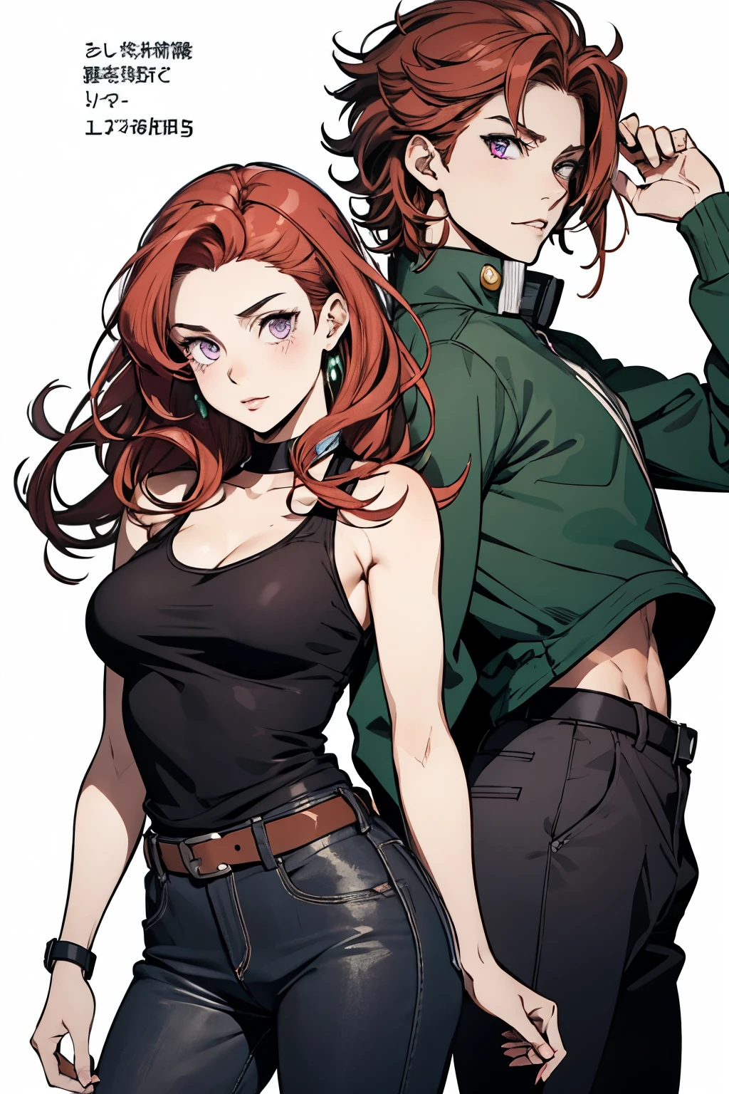 panel style girl anime manga jojo with curly red hair and purple eyes next to the kakyoin character from jojo

