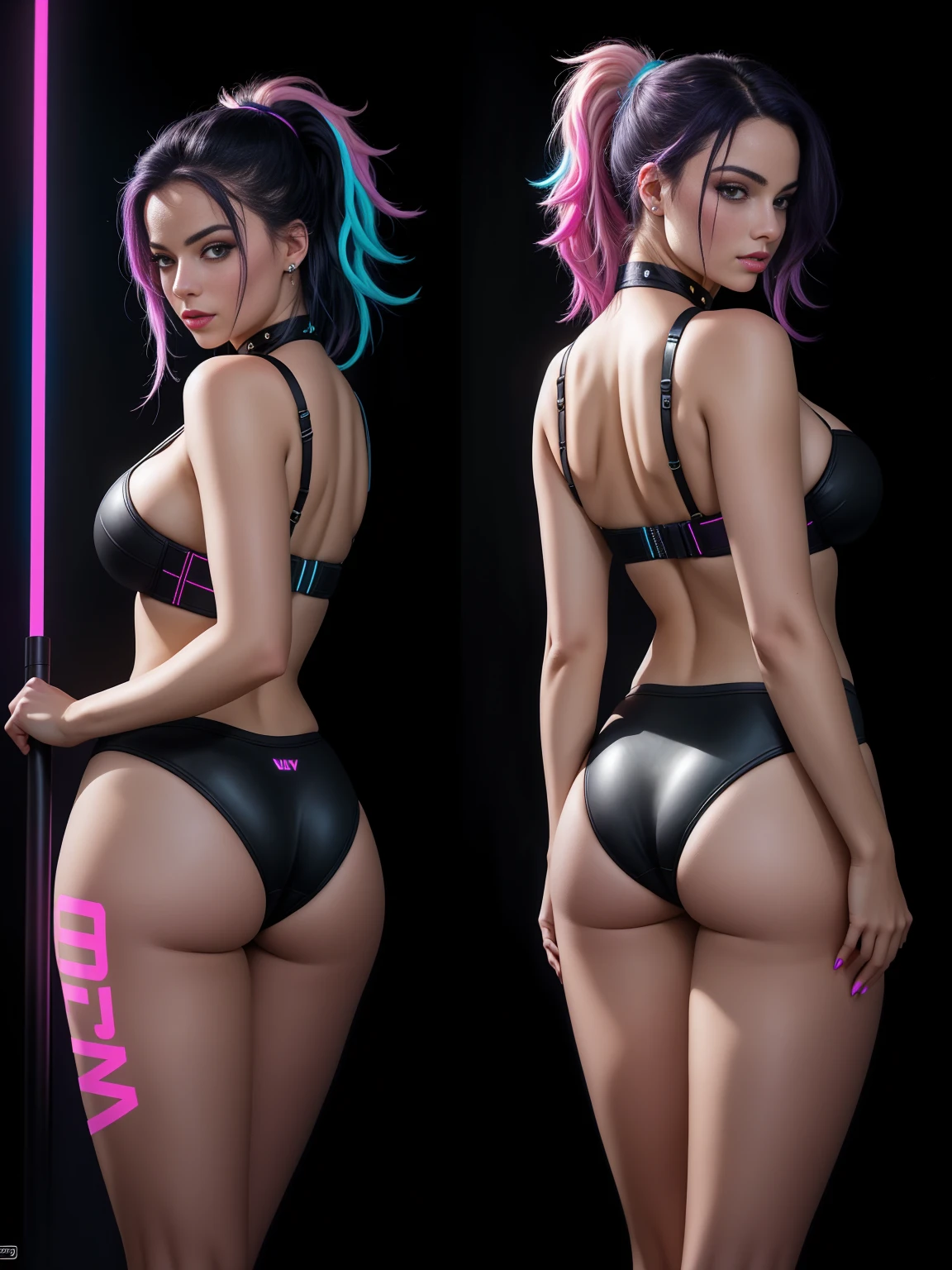 there is Margot Robbie, navy blue and bright purple neon streaked hair, nice ass, hair in pony tail, 3 d neon art of a womans body, neon-noir background, cyberpunk femme fatale, seductive cyberpunk dark fantasy, cyberpunk strip clubs, cyberpunk 20 y. o model girl, oppai cyberpunk, banner, high definition cgsociety, cgsociety masterpiece, trending on cgstation, kda, random hair, looking at camera, gigantic breasts, cleavage, (high detailed skin:1.2), 8k uhd, dslr, super lighting, high quality, film grain, high res, highly detailed, hyper realistic, beautiful face, beautiful body, beautiful eyes nose lips, alluring expression, very bold, upper visible, full body photo, standing legs apart, standing, ((back to camera:1.6)), pale translucent glowing skin, most beautiful face, cute, (well defined pubic hair:1.2)), (dark plain black background:1.4))