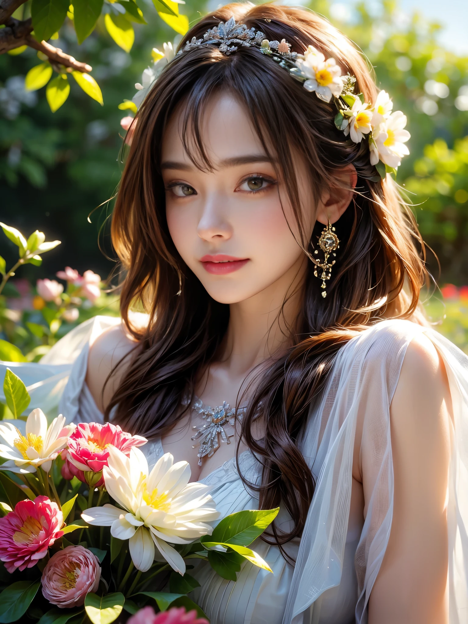 The best quality, high resolution, ultra-detailed, realistic:1.37, high dynamic range, ultra-fine painting, sharp focus, physically-based rendering, professional, vivid colors, bokeh, portraits, landscape, flowers, a girl in a garden, smiling girl, white dress, beautiful detailed eyes, beautiful detailed lips, beautiful detailed skin, girl under warm sunlight, glowing skin, colorful flowers, soft skin.