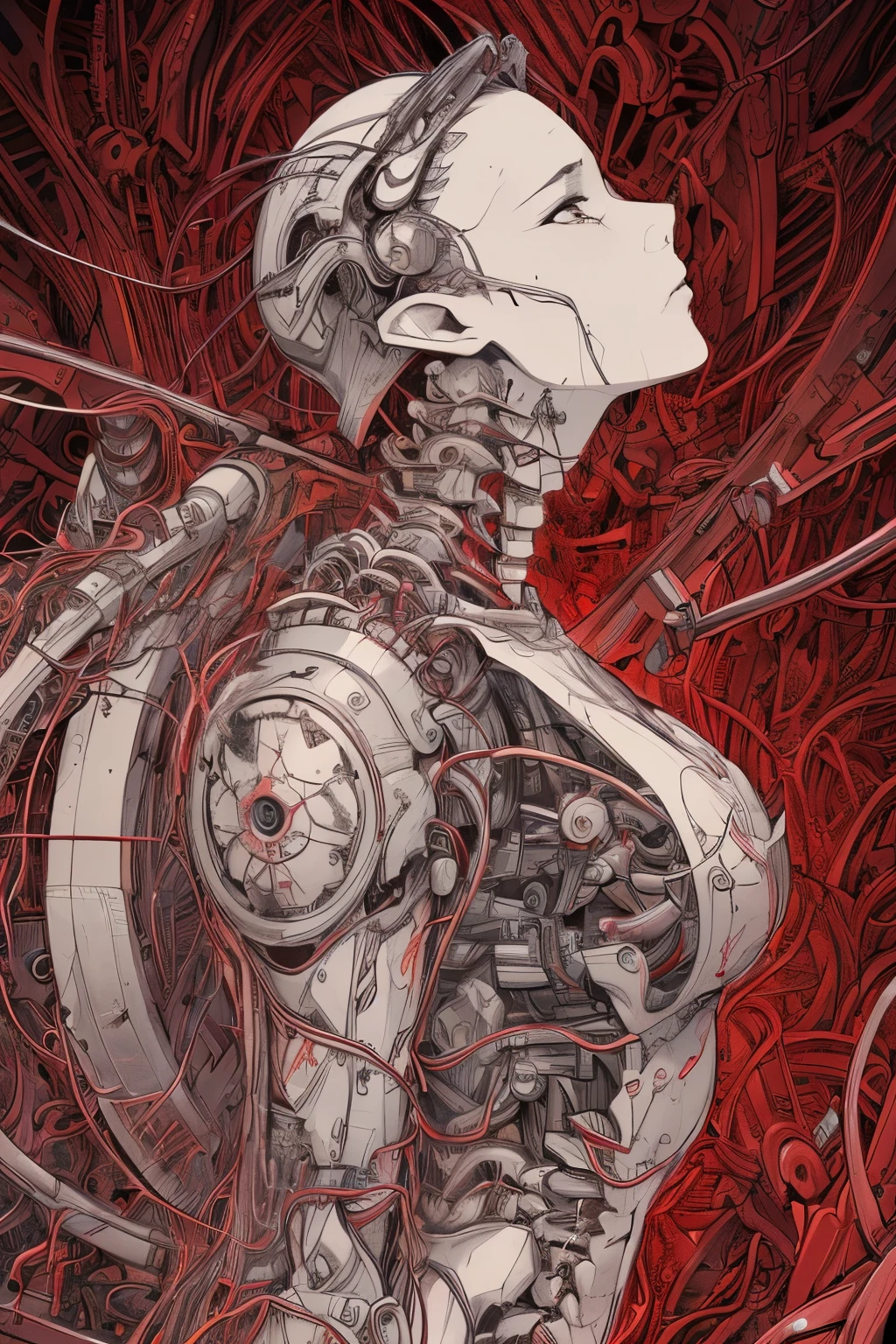(((Masterpiece))), (((Best quality))), ((Ultra-detailed)), (CG illustration), ((An extremely delicate and beautiful)),(Look up to the side), (((Red flowing liquid background)))Cinematic light with strong contrast between light and dark, solo person, female demon praying oni horns cyborg, Body parts,(Red machine-made joints:1.2),((Mechanical limb)),(blood vessel connected to tube),(The mechanical spine is attached to the back),((The mechanical cervical vertebrae are attached to the neck)),(are standing),A sad expression with red tears,(Wires and cables around the neck:1.2),(wires and cables on head:1.2)(Character focus),sci-fy,Extremely fine,scarlet,Thinnest
