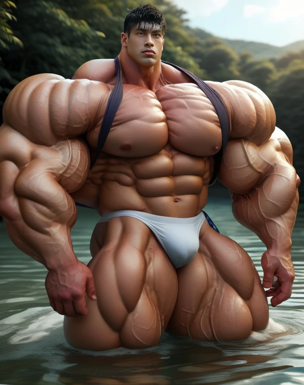 1 asian men, handsome, giant, buzz black haircut, model shoot style, looking at camera, standing, action pose, outdoor, in the field, strong body, bulk, naked, wear white swimwear underpants, bulge, big, brutalmass, giant, muscular body, bulk, massive body, large meaty body size, brown veiny skin, big arms, ballooning meaty pecs, big butt. Wet, water splash, ocean waves, UHD, Realistic, intricate detail
