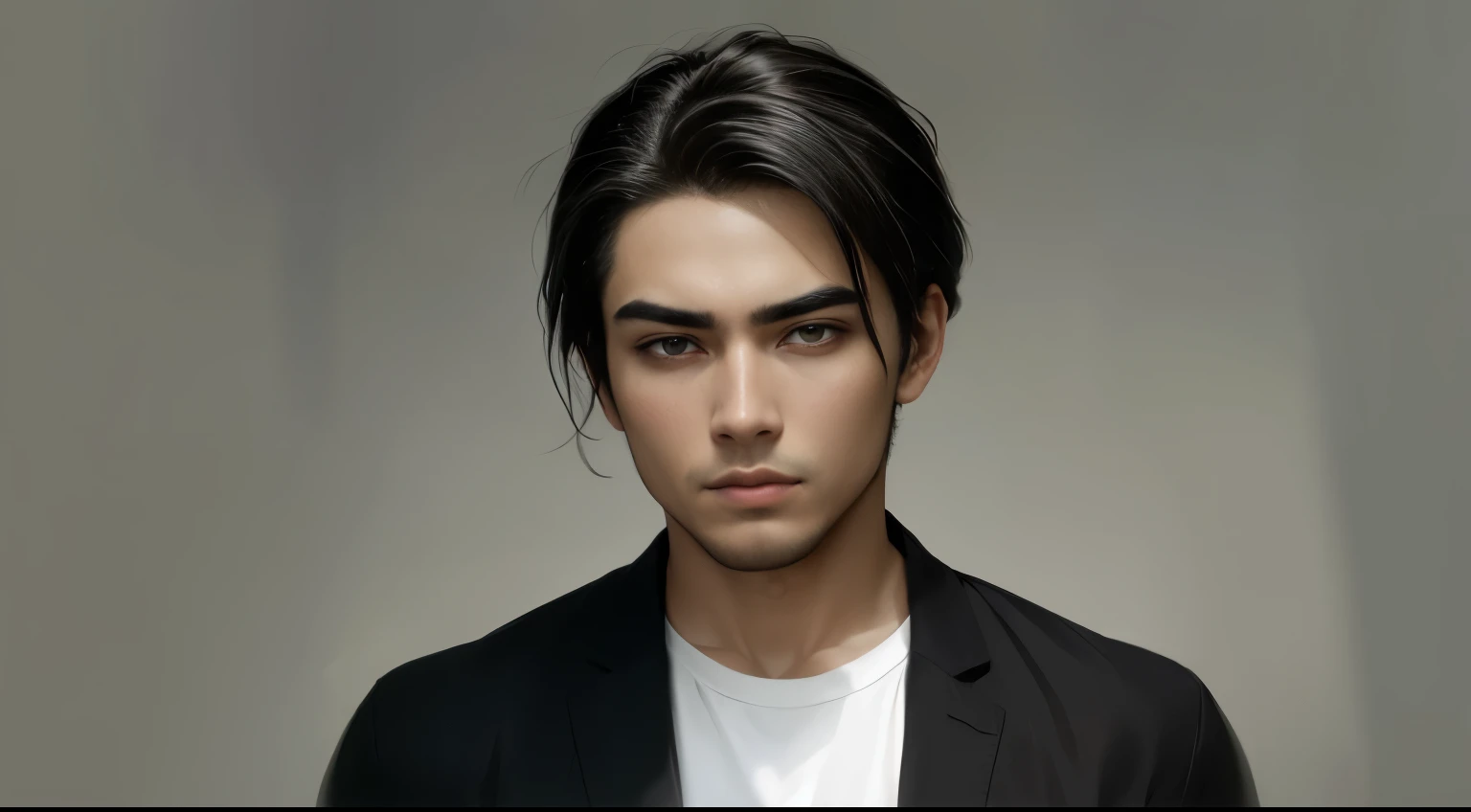 There is a young man, with black hair, staring to the side, with gloomy air, masterpiece, best quality, realistic, 1 man, male focus, handsome, [thick eyebrows], portrait, extremely detailed face, black hair, (short hair)
