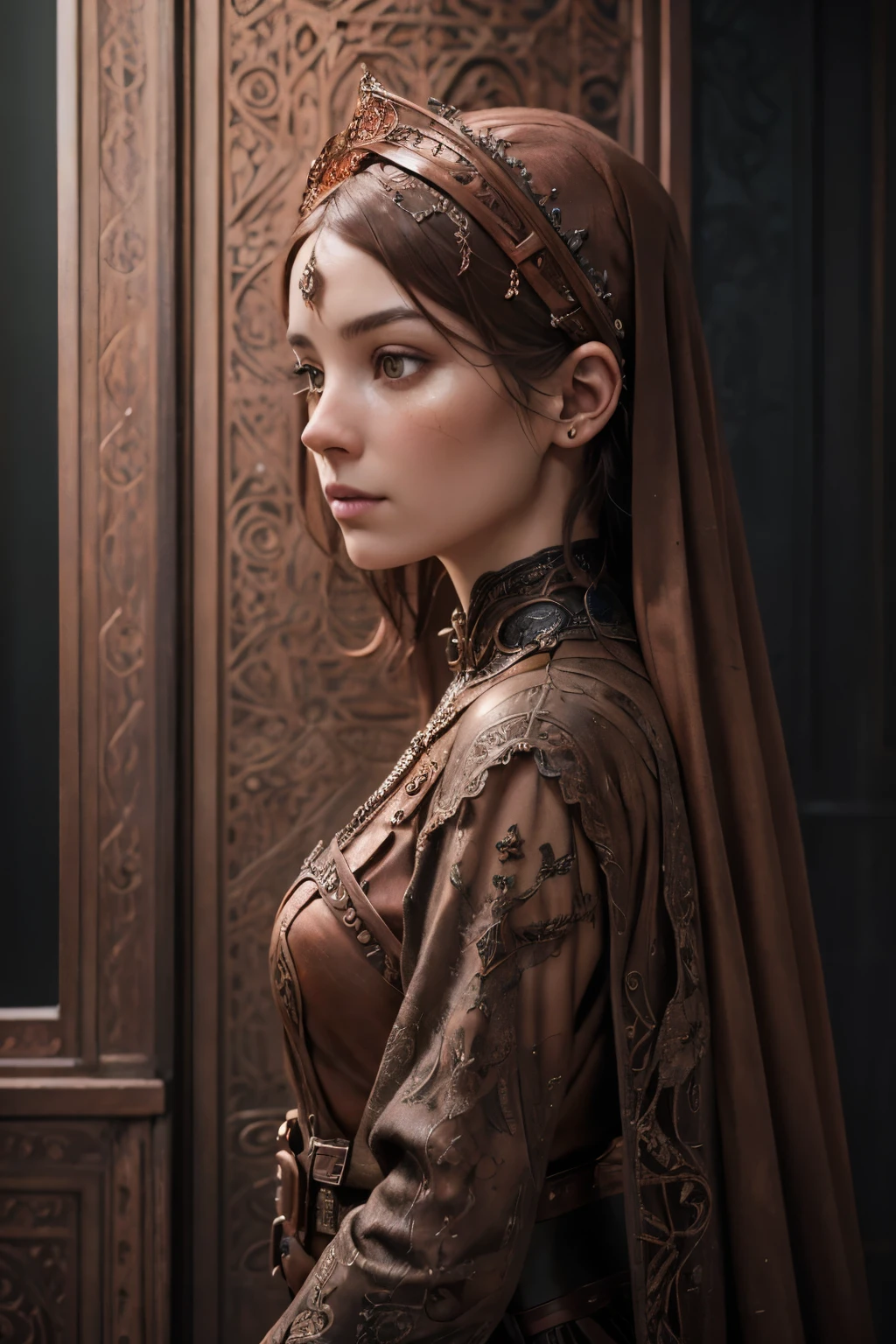 MY WORD, in pushed back_oxidized_Copper_panel Master Shot, Photorealism, photo-realistic, Elaborate intricate gothic beauty, copper tint, hyperdetailed, highly intricate, hyperrealism delicate detailed complex, sophisticated.