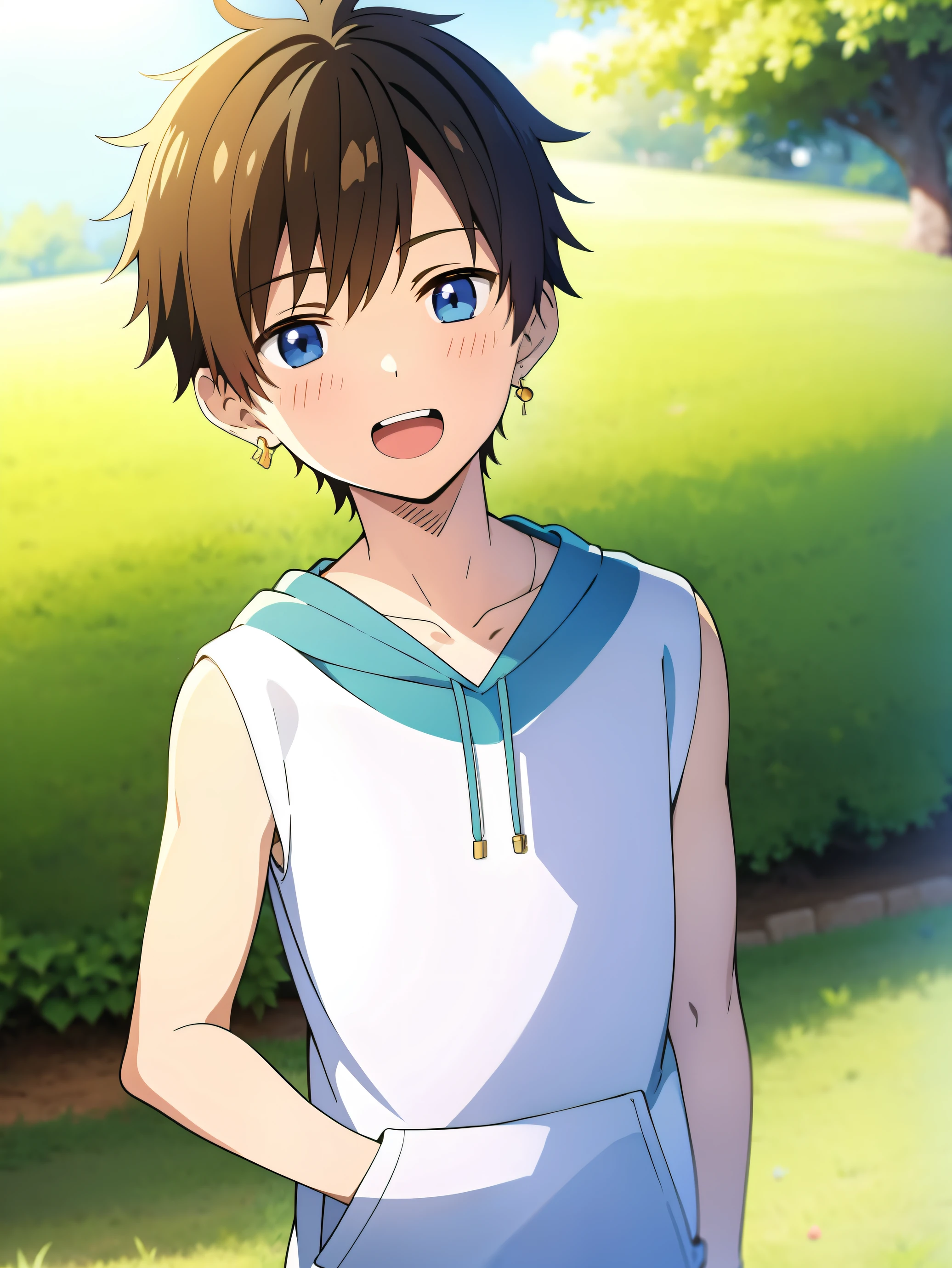 Highres, Masterpiece, Best quality at best,Best Quality,hight quality, hight detailed, Anime style, 1boy, Boy, Shota, Solo person, hansome, Earring, Sleeveless hoodie, Upper body, Summer day, Laugh, Slim body, Blurry beckground, Seen from the front,  (very young boy), (very small and short body), Uhd