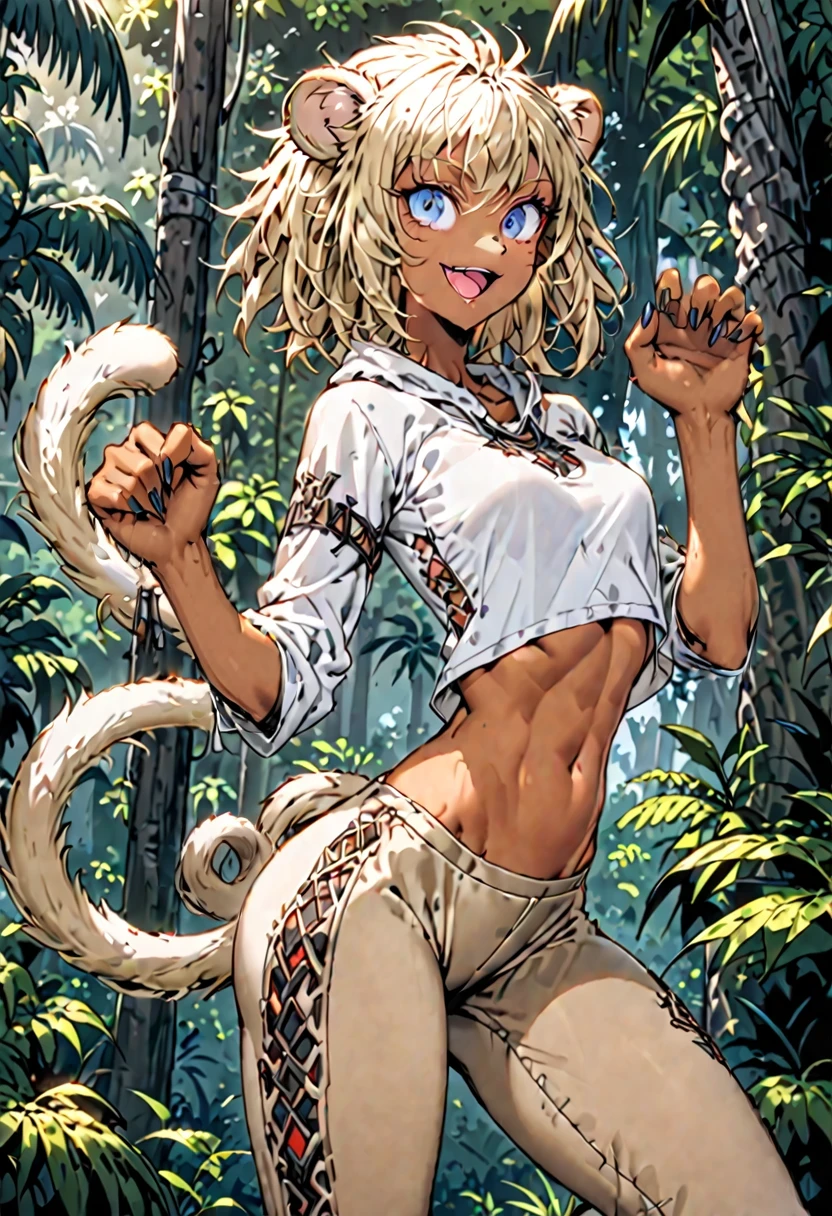 solo, female, sfw, medium shot, very short hair, messy hair, thick hair, platinum blonde hair, light blue eyes, blonde monkey ears, monkey tail, monkey hand, very slim, athletic, small breasts, tan skin, wild clothes, jungle, wide smile, ((blonde furry forearms)), abs, open mouth, big ass, blonde fur, long arms, tight pants, medieval