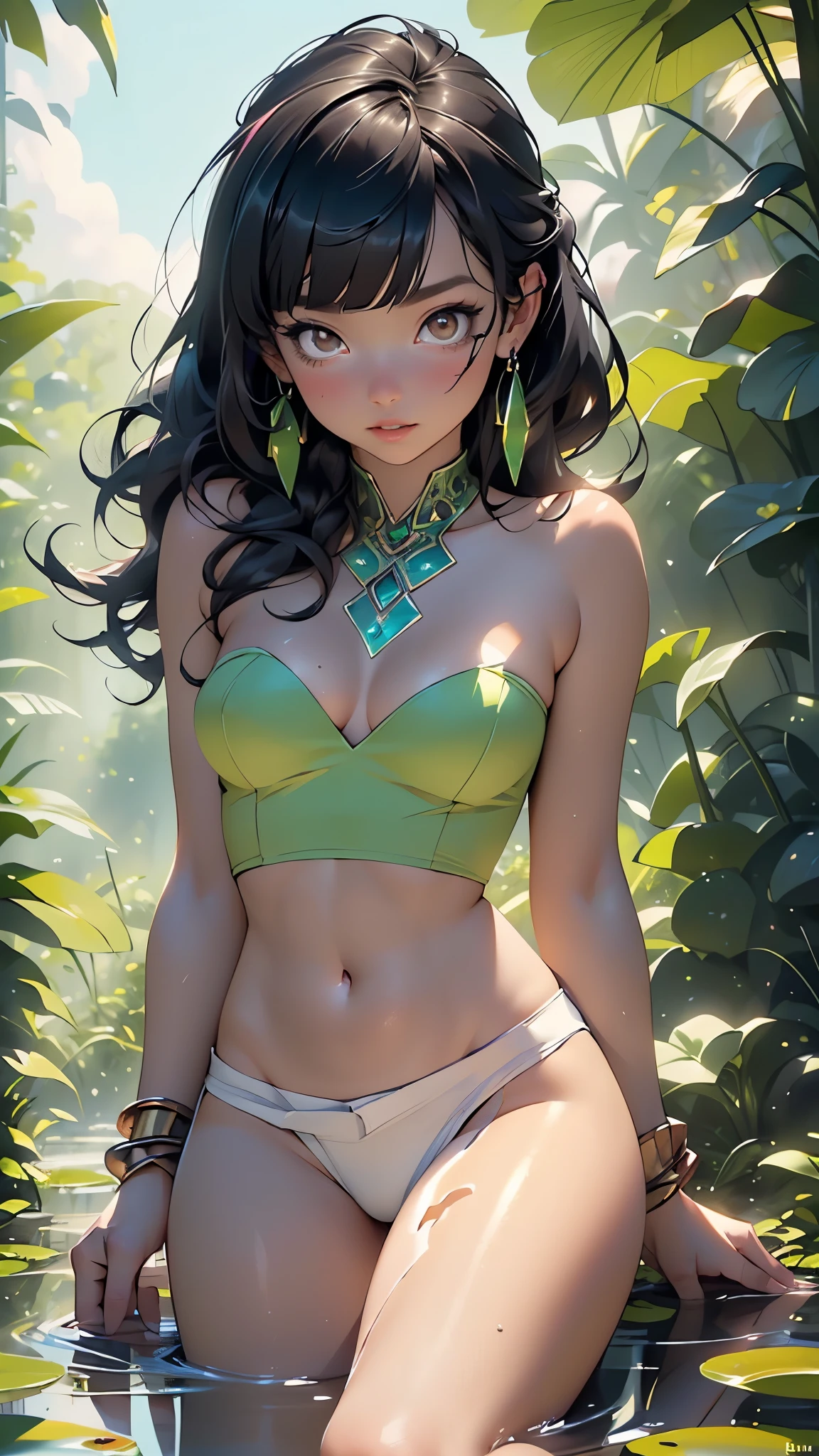 (best quarity,ultra detailed,ultra-high-resolution, absolutely resolution,8k, masterpiece), 20 years old,very-cute-and-beautiful-anime-girl,highly-detailed-face-and-eyes,grin,big-breast,(bust-shot:1.4),(from-below),blue-sky,(dark_skin:1.3),(tribal_tatoo:1.2),(Glossy Oceania Accessories:1.5),(wavy hairs),(messy hair),(asymmetry bangs),(multicolored hair),(blue eyes:1.3),(short-pants-bikini),deep-jungle,toropical flowers,vivid-colors,
