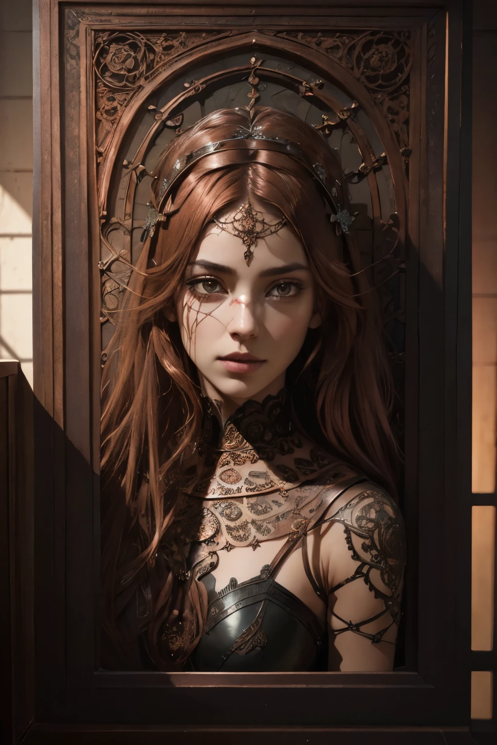 WORD A, in pushed back_oxidized_Copper_panel Master Shot, Photorealism, photo-realistic, Elaborate intricate gothic beauty, copper tint, hyperdetailed, highly intricate, hyperrealism delicate detailed complex, sophisticated.