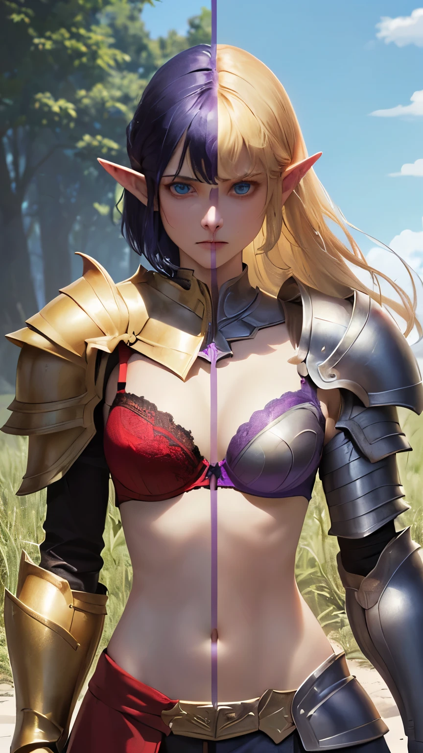 (Highly quality, highly resolutions, highly detailed, masterpiece) Forest background, angry, clenched teeth, ((SplitScreen,  splitscreen, slim body, 1girl, green eyes, Elf, pointy ears, blonde hair, natural skin, red Armor, red bra, armored bra, gold trim armor, shoulder pads, red shoulder pads, Navel, Abdomen, sexy)), vs, ((SplitScreen,  splitscreen, slim body, 1girl, light blue eyes, elf, pointy ears, purple hair, blue skin, purple armor, purple bra, armored bra Gold trim armor, shoulder pads, purple shoulder pads, navel, Abdomen, sexy,))