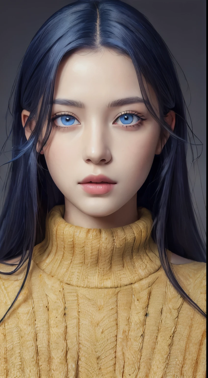 (masterpiece:1.3), (8k, photorealistic, RAW photo, best quality: 1.4), (1girl), beautiful face, (realistic face), (long blue hair), beautiful hairstyle, realistic eyes, beautiful detailed eyes ((yellow eyes)), (realistic skin), beautiful skin, (sweater), absurdres, attractive, ultra high res, ultra realistic, highly detailed, golden ratio, nudes, seios enormes