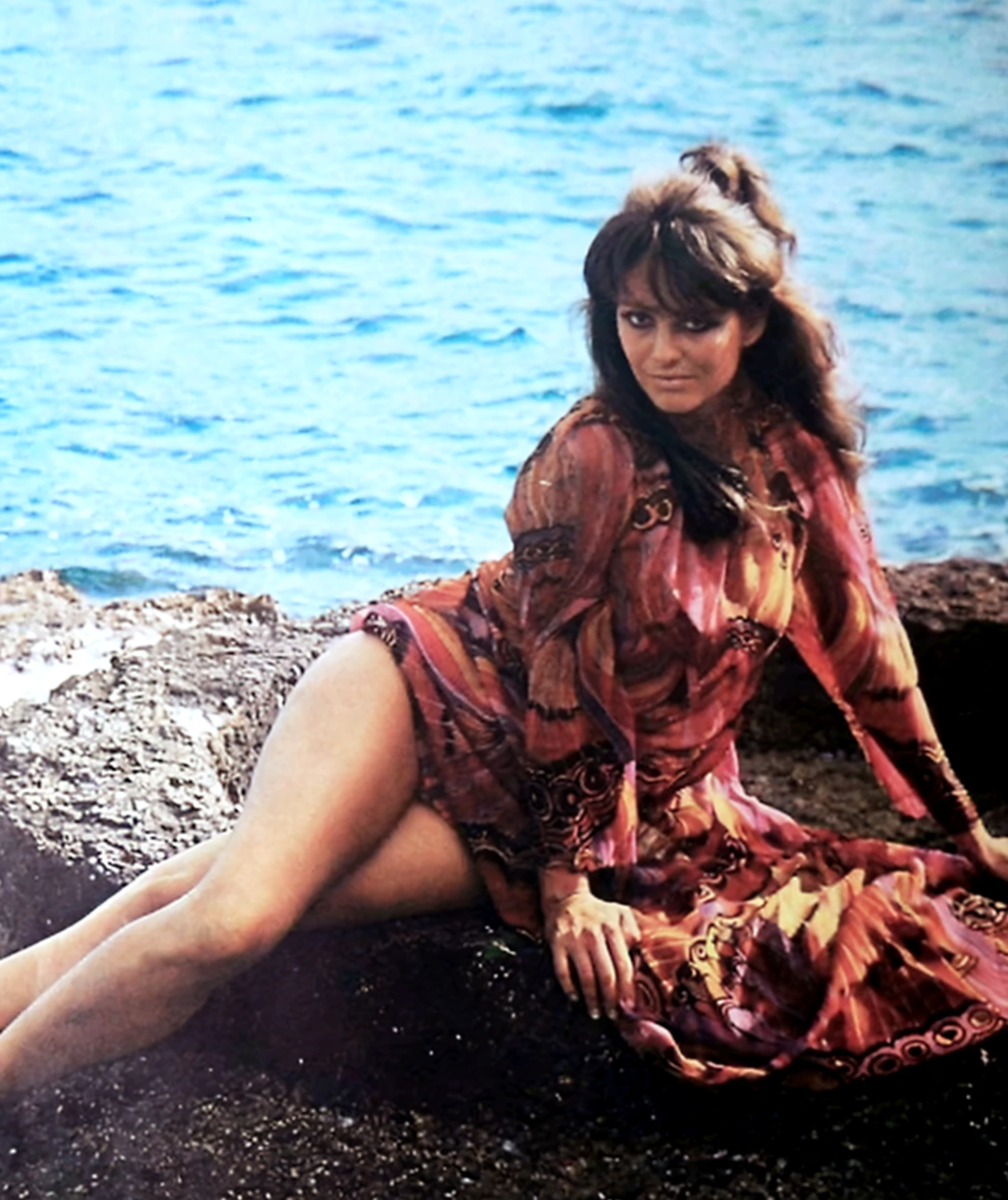 vintage film still of a naked woman caught in fishing-net, large-cleavage, phillipino, ocean, thigh-deep in water, fearuful|seductive epxpression, (covered in net:1.25) kelp, seaweed struggling to break free (film grain, high sautration) colorized